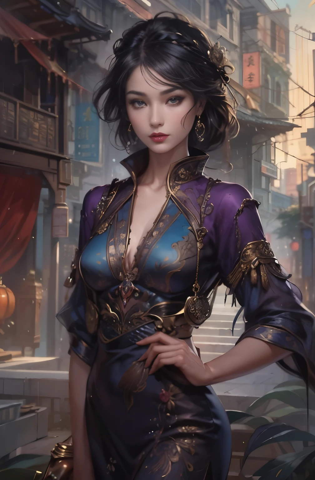 A beautiful woman wearing a purple Chinese dress stands quietly., very beautiful woman in her late 20s, Photorealistic painting by Cynthia Shepherd, cgsociety contest winner, fantasy art, Style Ivan Talavera and Artgerm, elegant cinematic pose, Charlie Bowater Rich Deep Colors, beautiful attractive anime woman, style of charlie bowater, surreal art nouveau style, stunning elegant pose, hyperrealistic fantasy art, highest quality, perfect angle of view, perfect composition, best shot, official art, cinematic light, figurative art, Beautiful and expressive paintings, Beautiful artwork illustration, wonderful, cool beauty, clear, Mysterious, highest quality, official art, perfect composition,perfect angle, best shot, women only, sharp outline, In the middle of a conspiracy, The face behind the scenes, dark government official, dark mission, first class agent, government agent, Top big-name spy, A talented female spy, beautiful female spy, extremely detailed and beautiful eyes, Beautiful eyes with slit length, quite beautiful face, Tall and lean, Tall and lean, A talented secret agent, sabotage specialist, Spy X21, carry a concealed gun and knife, Eyes without pupils, color eye, ideal anima, melancholy, nostalgia, romantic, 1960s, Hongkong, beautiful cityscape, sepia memories, unforgettable woman, Full body Esbian, hard boiled