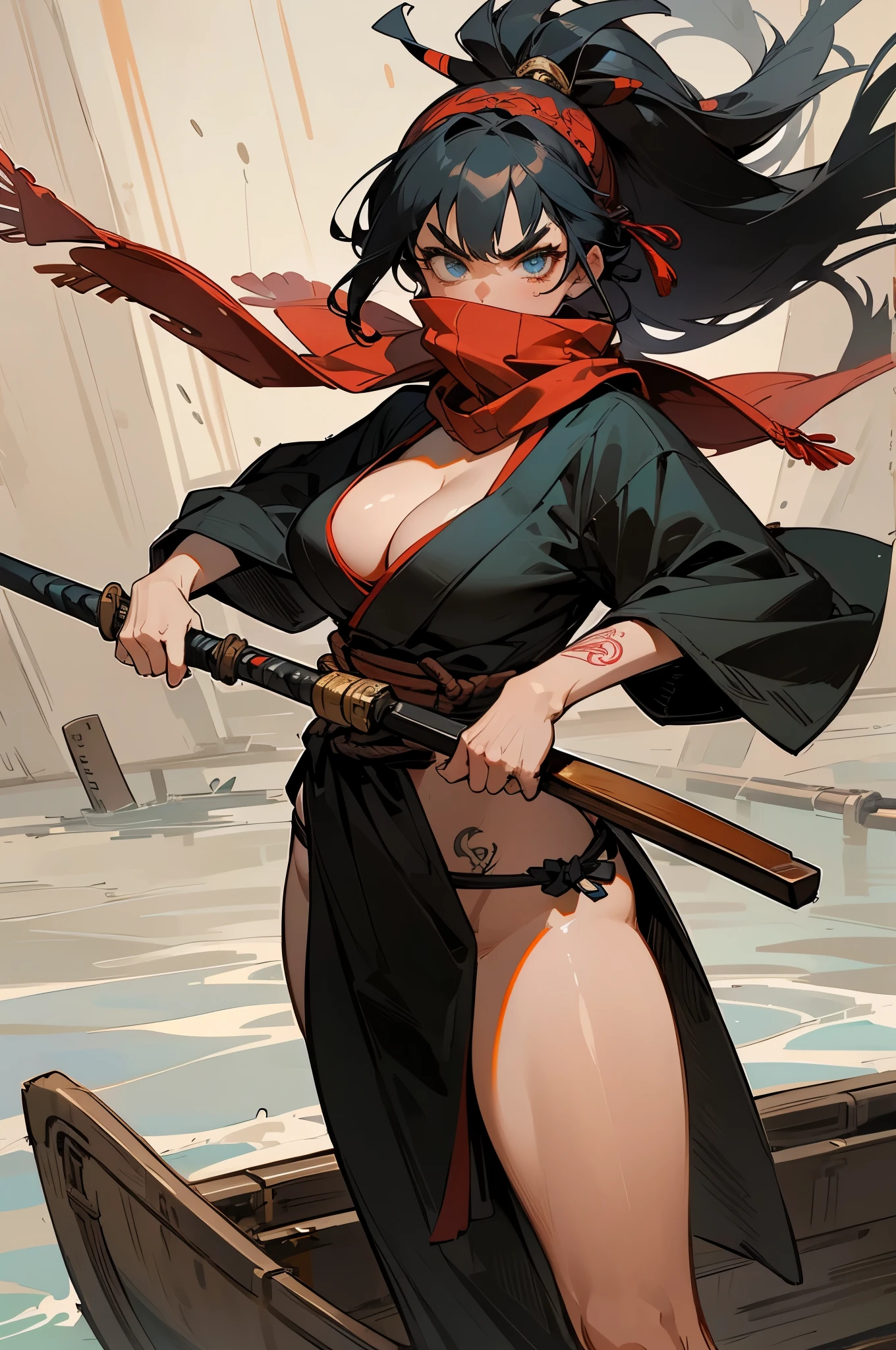 (masterpiece:1.4),very quality,extremely hyghres resolution,ultra-detailed,intricate detailed face and eyes,intricate line,delicate drawing1girl, solo, breasts, looking at viewer, blue eyes, black hair, hair ornament, holding, weapon, japanese clothes, kimono, holding weapon, angry,flowertattoo, mask, traditional media, knife, fighting stance, ninja, marker \(medium\),woman,pirate,standing on a boat,scarf,covered mouth,maritime,Wooden boat,holding a harpoon,Roll up the hem of the kimono and tuck it into the obi,loincloth,thigh,dark skin,black hair,long hair,tattoo,Hachimaki,hair band,Strong body,Brave face, keen eyes,thick eyebrows,thick lips,anger,big breasts,cleavage,holding weapon,harpoon,scarf,