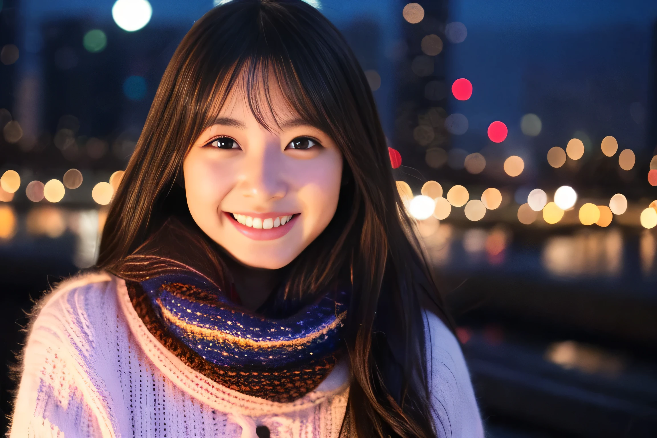 beautiful girl、Idol、smile、look at the camera、28 years old、Japanese、knit、night view、date、