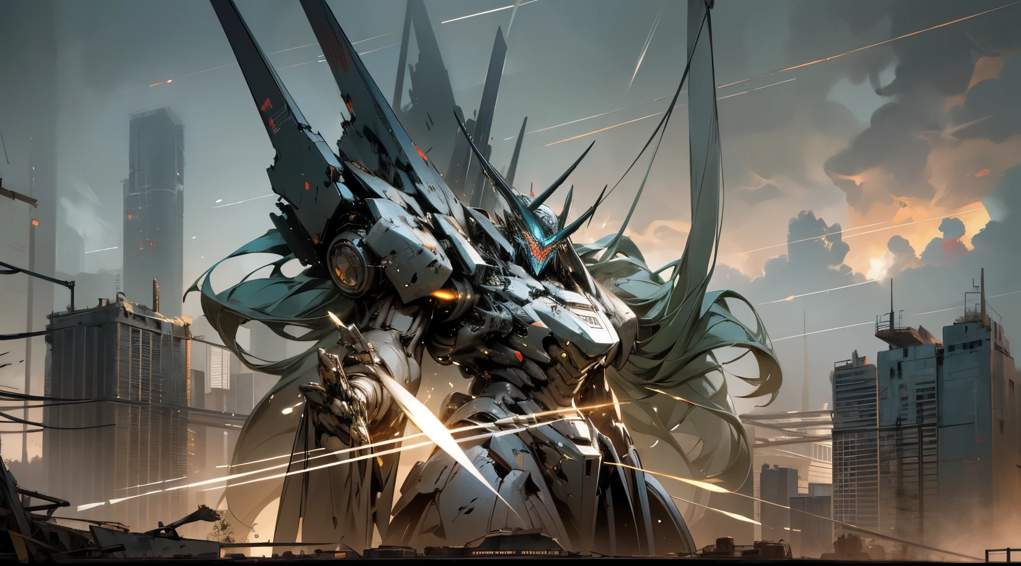 In a dystopian future where cities have been destroyed, a colossal and imposing mecha stands amidst the ruins. The mecha's metallic body gleams with incredible detail, showcasing the wear and tear of countless battles. Its sharp and angular features carve a menacing presence, while its monstrous size dominates the broken landscape. The mecha's eyes glow with an eerie blue light, illuminating the desolation around it. The mouth, adorned with sharp fangs, reveals a menacing smile. Elaborate laser cannons protrude from its shoulders, ready to unleash devastating power. The metallic surface of the mecha is adorned with intricate engravings and battle scars, showcasing its rich history. The ruined city serves as a backdrop, with dilapidated buildings and towering skyscrapers collapsed in disarray. Withered trees and plants struggle to survive amidst the destruction, their branches reaching out as if pleading for life. Moonlight filters through the broken structures, casting long shadows that further emphasize the desolate atmosphere. The image quality is of the highest standard, capturing every minute detail with precision. The resolution is set at an impressive 4k, providing a visually stunning masterpiece. The colors are rich and vivid, painting a somber yet captivating picture. The lighting is carefully designed to highlight the mecha's imposing presence, with shadows and highlights adding depth and realism to the scene. This dystopian artwork is reminiscent of dark cyberpunk aesthetics, conveying a sense of loss and the destructive power of technology. The overall color tone is desaturated, with shades of deep blues and grays, emphasizing the bleakness of the ruined city. The lighting further enhances the atmosphere, with a cold and harsh illumination casting long shadows across the desolation. Note: The prompt is subject to limited experimentation and adjustments to optimize the output, 8k