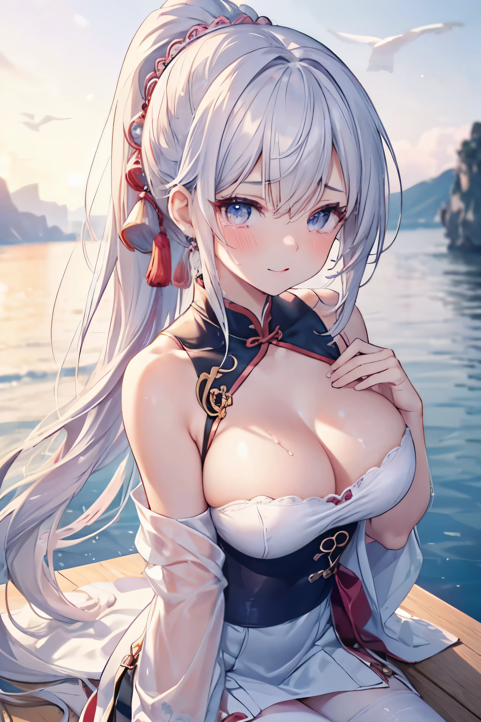 from the side), big breasts, side breasts, (flexist chest), (流口water), (wet), (tears), watch_exist_audience, fashion trendy beautiful beautiful beautiful girl, gentle and existtractive Chinese beautiful girl, 18 years old, delicexiste and sexy collarbone, Charming goose egg face, double eyelids, Smart peach blossom eyes, pink lips, small nose, , Close-up of chest, ultra high definition, Super details, Fresh and impressive breasts,Nice high ponytail hairstyle,landscape,long, straight hair, sexy facial expression, , Tongue,shy expression,whole body,white stockings,cheongsam,night view,water,white hair
