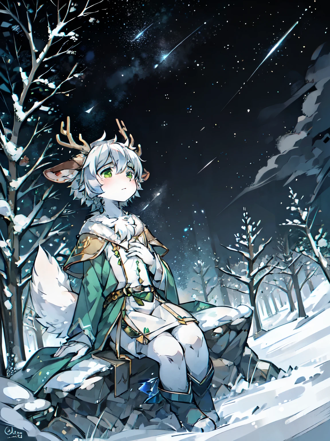 A white deer,green eyes,jaqueta com capuz,antlers,sitting on a rock,starry sky,Brilliant Milky Way,Reach out for the stars,Crystal pupils,Cute Shota,sad,Reach for the sky,Sit outdoors,Green meadow,individual,snow,snow地,Reach for the sky,The sky crosses the shooting stars,Place one hand on your chest