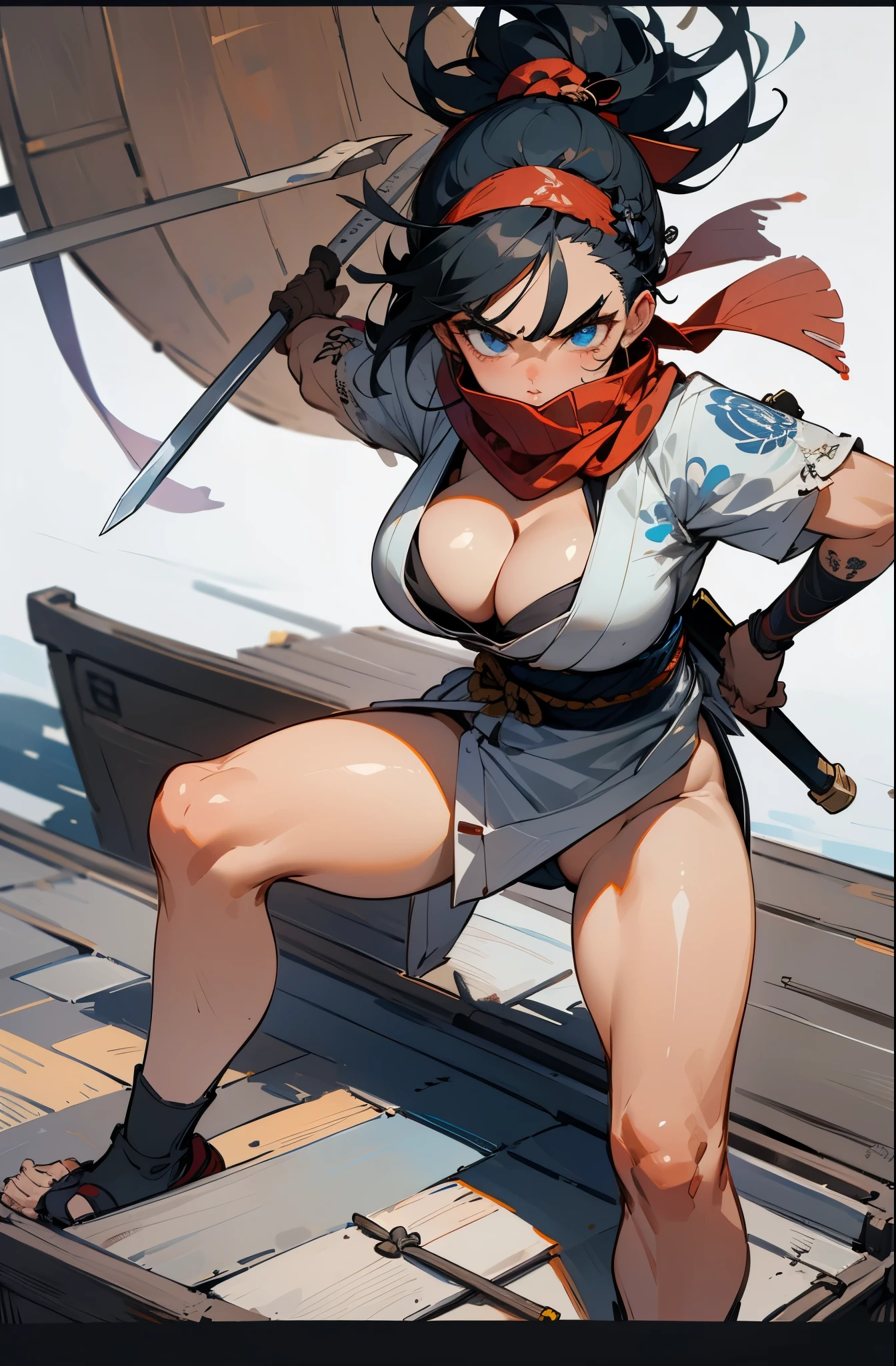 (masterpiece:1.4),very quality,extremely hyghres resolution,ultra-detailed,intricate detailed face and eyes,intricate line,delicate drawing1girl, solo, breasts, looking at viewer, blue eyes, black hair, hair ornament, holding, weapon, japanese clothes, kimono, holding weapon, angry,flowertattoo, mask, traditional media, knife, fighting stance, ninja, marker \(medium\),woman,pirate,standing on a boat,scarf,covered mouth,maritime,Wooden boat,holding a harpoon,Roll up the hem of the kimono and tuck it into the obi,loincloth,thigh,dark skin,black hair,long hair,tattoo,Hachimaki,hair band,Strong body,Brave face, keen eyes,thick eyebrows,thick lips,anger,big breasts,cleavage,holding weapon,harpoon,scarf,