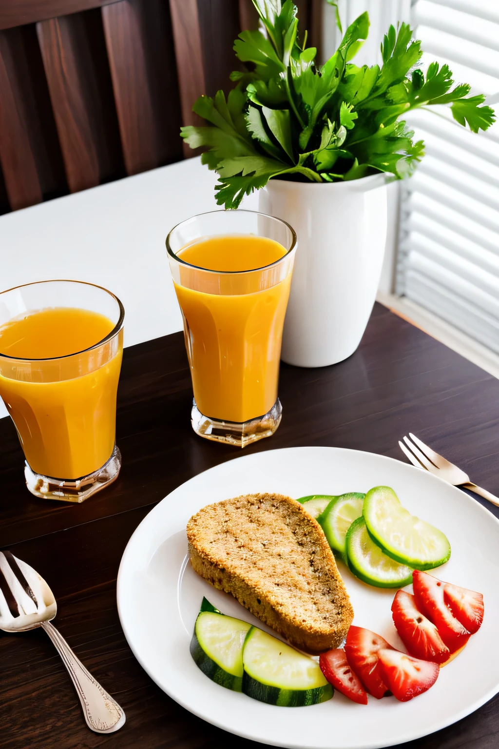 A plate of diet food and a glass of natural fruit juice, accompanied by a few pieces of oat toast, is placed on a table in one of Istanbul's famous restaurants. The plate is beautifully arranged, showcasing a variety of healthy and nutritious ingredients. The food is neatly arranged, displaying vibrant colors and appealing textures. The plate consists of fresh vegetables, such as crisp lettuce, juicy tomatoes, and crunchy cucumbers. There are also slices of lean grilled chicken and a small portion of grilled fish, cooked to perfection. The glass of natural fruit juice is filled with a refreshing blend of mixed fruits, offering a burst of flavors. Next to the plate, a few pieces of oat toast are lightly toasted, providing a satisfying crunch. The dining table is elegantly set with fine cutlery and adorned with a fresh flower centerpiece. The atmosphere in the restaurant is warm and inviting, with soft lighting casting a gentle glow on the scene. The colors in the image are vibrant, showcasing the freshness and naturalness of the ingredients. The overall image quality is of the highest standard, ensuring every detail is crisp and clear. The prompt incorporates elements of nutrition, health, and a touch of elegance, making it a visually appealing and enticing scene.