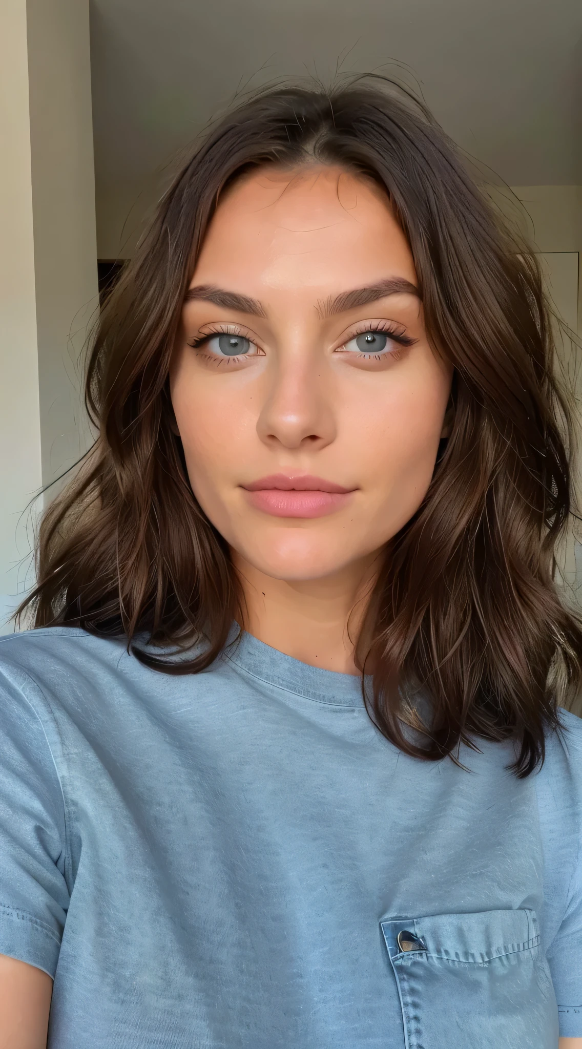 Belle brune aux reflets blonds portant un t-shirt noir , jeans (dans une salle ), Très détaillé, 22 ans, , , visage innocent, cheveux ondulés naturels, yeux bleus, haute résolution, chef-d'ouvrages d'art, meilleure qualité, détails complexes, Très détaillé, acuité, peau détaillée, Texture de peau réaliste, texture, Yeux détaillés, professionnel, 4k, sourire charmant, prise avec Canon, 85mm, faible profondeur de champ, couleur de vision kodak, Corps parfaitement ajusté , extrêmement détaillé, la photographie_\(Ultra\), photoréaliste, réaliste, Post-traitement, détails maximum, rugosité, vrai vie, ultra réaliste, Photoréalisme, la photographie, 8k euh, la photographie, gros seins