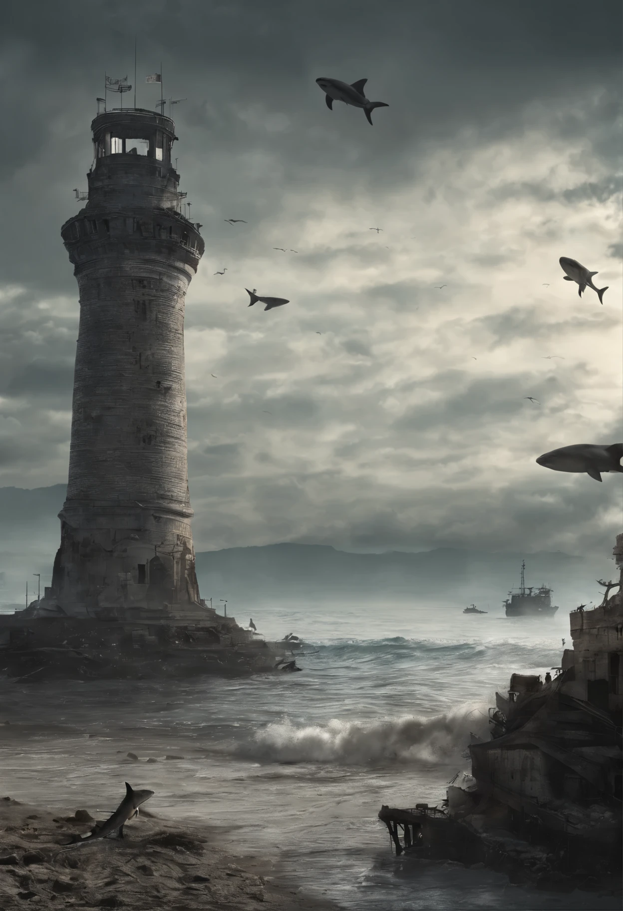 Obra maestra, Obra maestra, hiperrealismo, cinematographic image, 8k, Profundidad de campo, cinema lighting, a post apocalyptic shot of a seabed. (torre de pisa en el fondo del mar en ruinas),Lleno de verdor, image Post apocalyptic and dystopian., torre rota, ((en el agua hay peces  y (shark ))),.