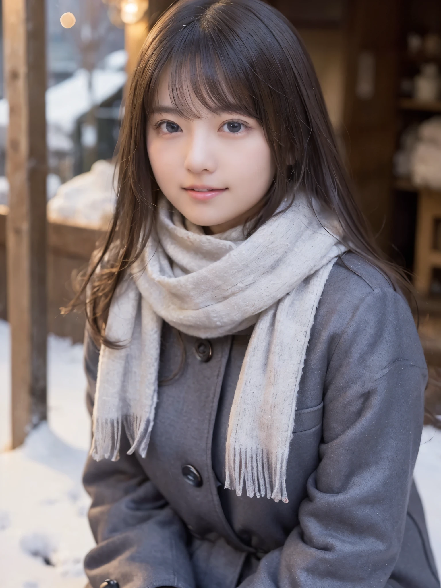 one girl, Sitting on the snow, I sigh with my gloved hands., very thick sweater, Shivering in the cold, ticker, adult woman, 25 years old, medium round chest, thick legs, shy smile,mini skirt、burst into laughter、winter coordination、((No makeup、close your mouth:1.2))、(realistic、Photoreal、super detailed、best detailed skins、highest quality、masterpiece、Super high resolution)、Cute 17 years old、high school girl、young girl、1 girl、have bangs、ash blonde:1.7、double eyelid、drooling eyes、Japanese style face、purity、double teeth、realistic肌タイプ、thick muffler、Grey muffler、fluffy hair、((hair is inside the scarf:1.3))、red cheeks、the wind is blowing、It&#39;s snowing、night、illumination、Light is shining from behind、burst into laughter
