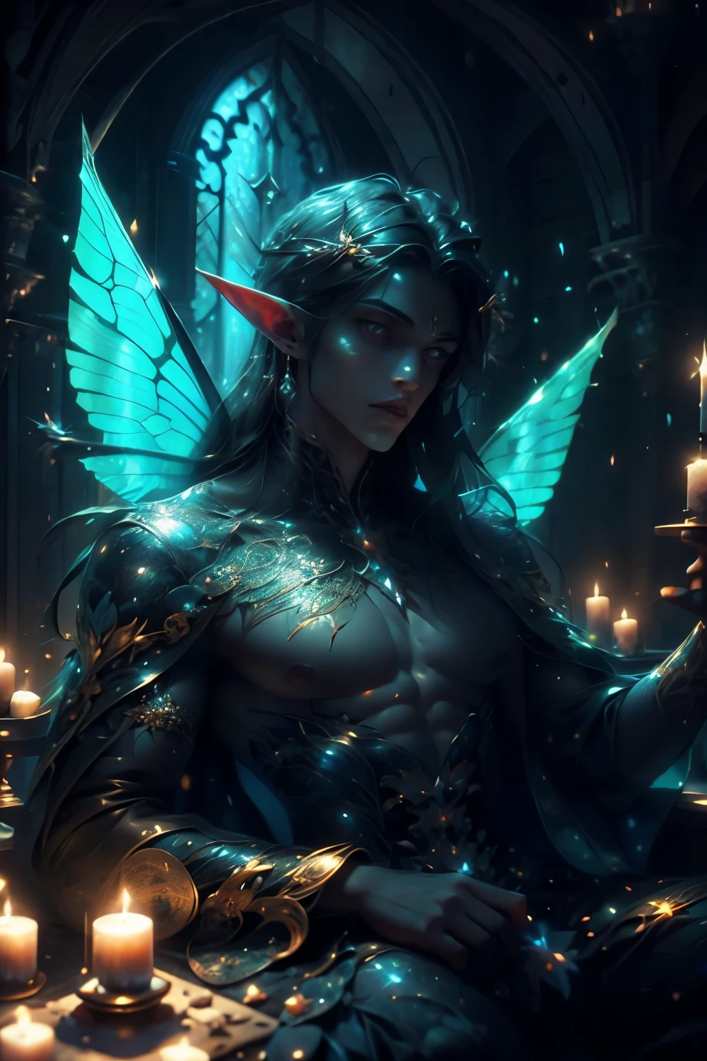 ((Best quality)), ((masterpiece)), (detailed), ((perfect face)), ((halfbody)) perfect proporcions, he is a handsome man, he is a fairy, with large transparent wings, he has fairy wings, he is 18 years old, emerald eyes, attractive face, dark skin, straight black hair, long hair, He has pointy ears, he wears costume jewelry, he is a beautiful fairy man, bare chest, transparent wings and large, there is a gothic library background behind him and lit candles ((perfect face))