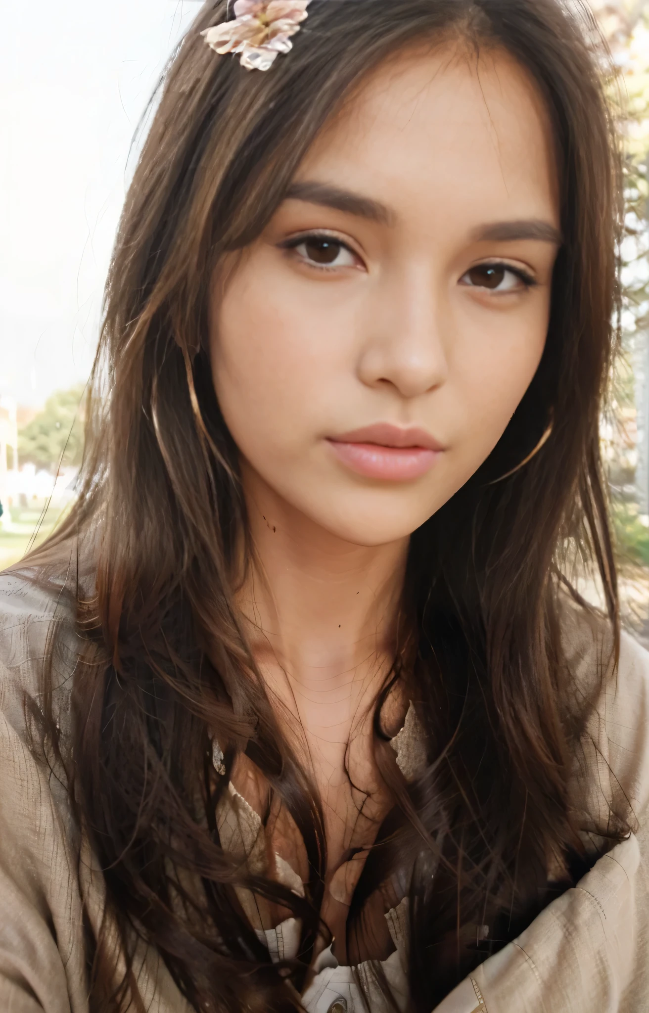 Photo of a 35 year old brunette woman, that has a very natural face, with a voluptuous body, kissable lips, thin eyes, thin eyebrows, thin nose, tan skin, facing front. She makes a cute selfie in a park in noontime. Instagramable. Filipino genes., No makeup, pout, HD. Casual dress. 5 feet 8 inches tall.
