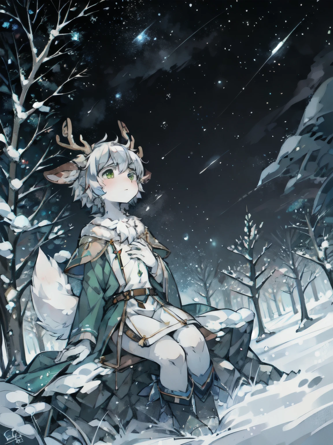 A white deer,green eyes,jaqueta com capuz,antlers,sitting on a rock,starry sky,Brilliant Milky Way,Reach out for the stars,Crystal pupils,Cute Shota,sad,Reach for the sky,Sit outdoors,Green meadow,individual,snow,snow地,Reach for the sky,The sky crosses the shooting stars,Place one hand on your chest