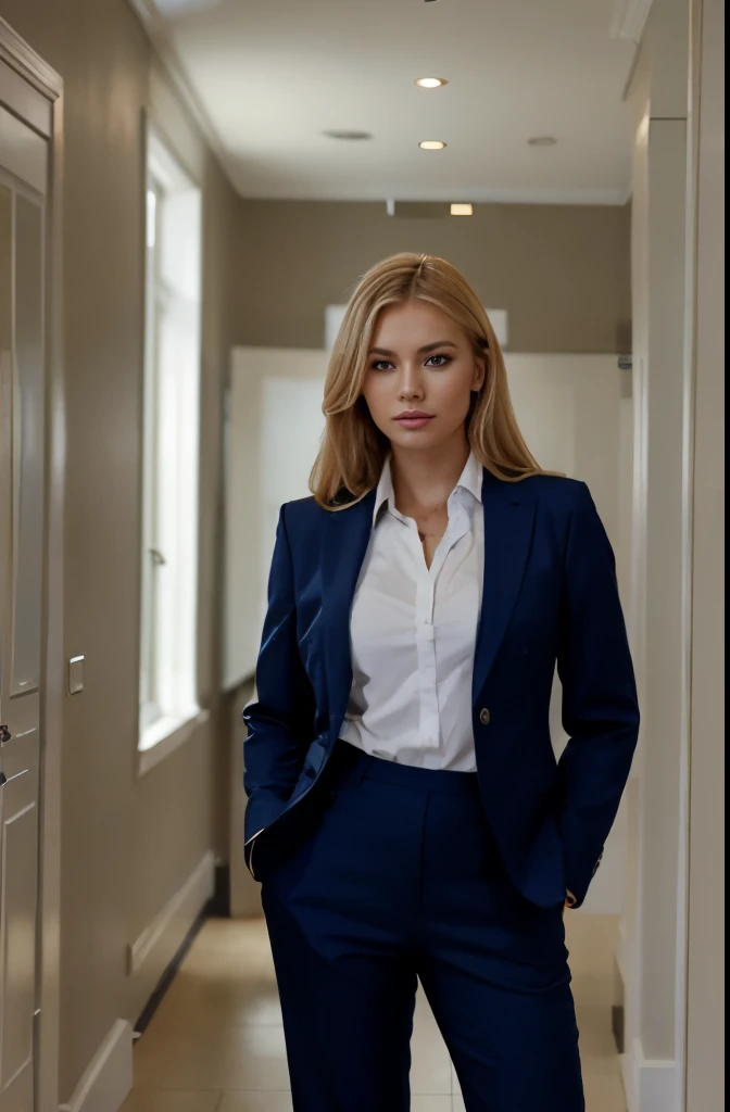 Professional full body photo of a beautiful Russian woman with blonde hair and a beautiful face posing for a catalogue, Stands at a charity event ((She wears business clothes, suit, trousers, dress shirt)), ultra realistic