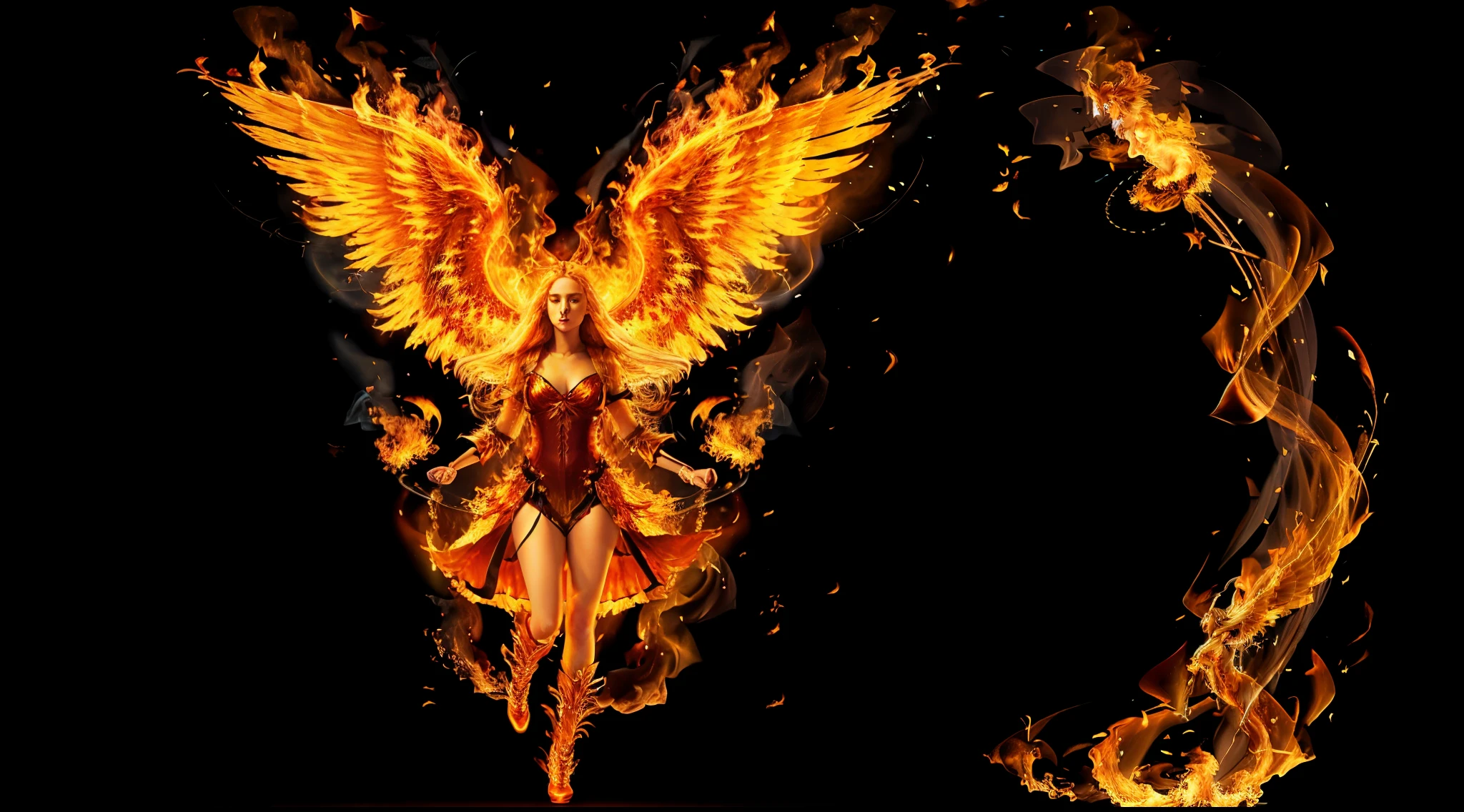 15 year old girl, Very long straight blonde hair, portrait style, close up, Wings of fire in front of black background, With burning golden wings of flame, With burning golden wings, Covered in raging flames, There is fire behind him, wings catching fire, body made of fire, the background is catching fire, Wings of Fire, Flames appear around the body,  standing in fire, Complex flame overlay image, Come out of the flames, catching fire
