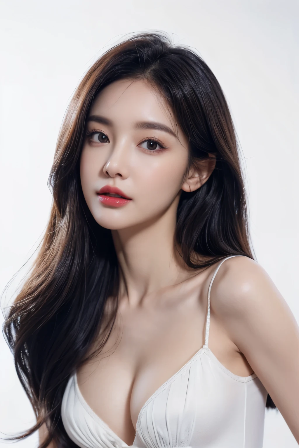 a woman, beautiful, amazing face and eyes, cosmetic,(Extremely detailed beautiful face),(best quality), (Super detailed), (Extremely detailed CG unified 8k wallpaper),original photo, Professional photography, (standing), (White background),(black hair),(Small man's waist),(Soft light source),(A little cleavage),red glossy lips,(Camisoles),Even-out skin tone,(No reflection)