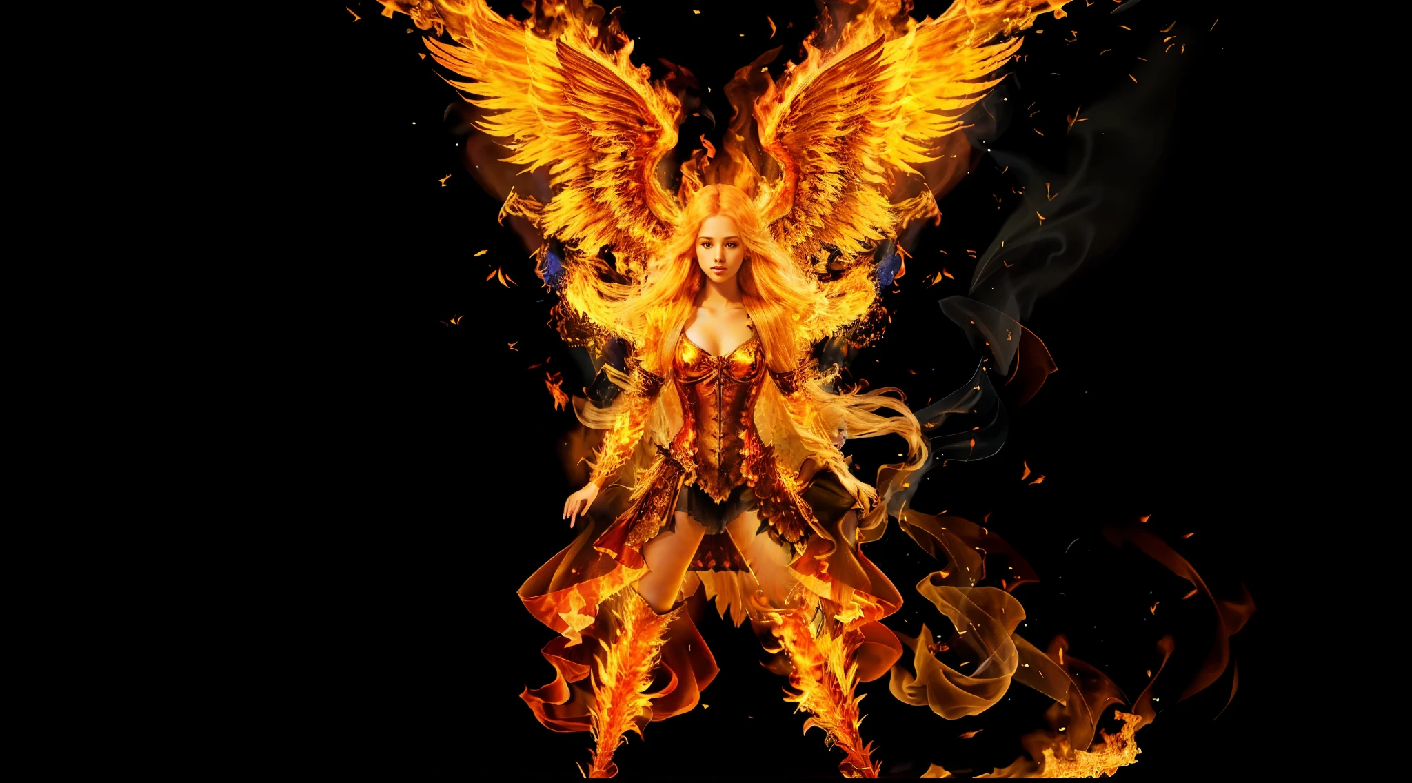 15 year old girl, Very long straight blonde hair, portrait style, close up, Wings of fire in front of black background, With burning golden wings of flame, With burning golden wings, Covered in raging flames, There is fire behind him, wings catching fire, body made of fire, the background is catching fire, Wings of Fire, Flames appear around the body,  standing in fire, Complex flame overlay image, Come out of the flames, catching fire