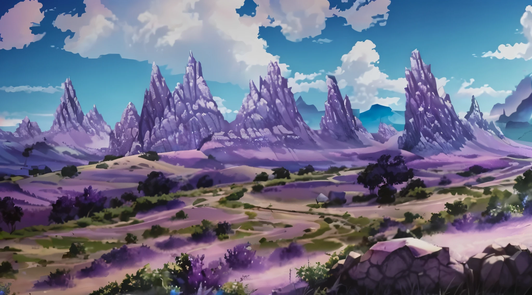 There is a mystical sky in a concept art for a 2D game,(((detalhes em roxo e azul))), real shot,(((picos de montanhas))), arte conceitual, jogo de plataforma 2d, Plataformas :1.2, (obra prima),(melhor qualidade), 8k, dynamic light, dynamic shadows, Videogame, (((terra vermela))),tons laranja.