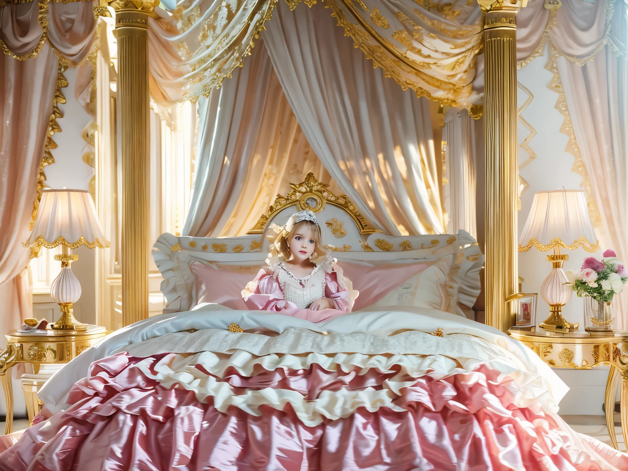 ,highest quality, masterpiece, highest resolution, artwork, super それにget used to it, many get used to it, get used to it, それにget used to it, 3K realistic photos,,(( At the )),Super detailed baby face princess,Full length ball gown dress with hoop skirt,ruffled yoke collar,puff sleeves,long sleeve,((Lolita style hot pink detailed princess satin dress、Comes with lots of frills and ribbons。)),Colorful fashion in rococo style,shiny satin dress,Soft and smooth fabric,luxury,long blonde hair,blue eyes,white skin european,pajamas,((inside the palace)),,,(( At the age of 10)),Super baby face,Full length ball s with hoop skirt,ruffled yoke collar,puff sleeves,腰まで伸びるlong blonde hair,blue eyes,white skin european,pajamas,((inside the palace bedroom)),ピンクのシルクサテンのluxuryなcanopy bedの上,canopy bed,luxurious curtains under the canopy,many frilly pillows on the bed,super detailed background,Detailed bed,romantic atmosphere,A little princess is sleeping in the bting one's head on a pillow,