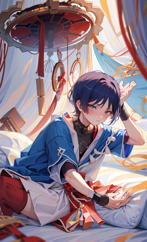god wanderer,原god wanderer,Wearing cute and sexy pajamas,Blushing and lying on the bed shyly,Lifting up the clothes with his hands to reveal his flesh,in bedroom,The bed is white,Close the curtains at night,