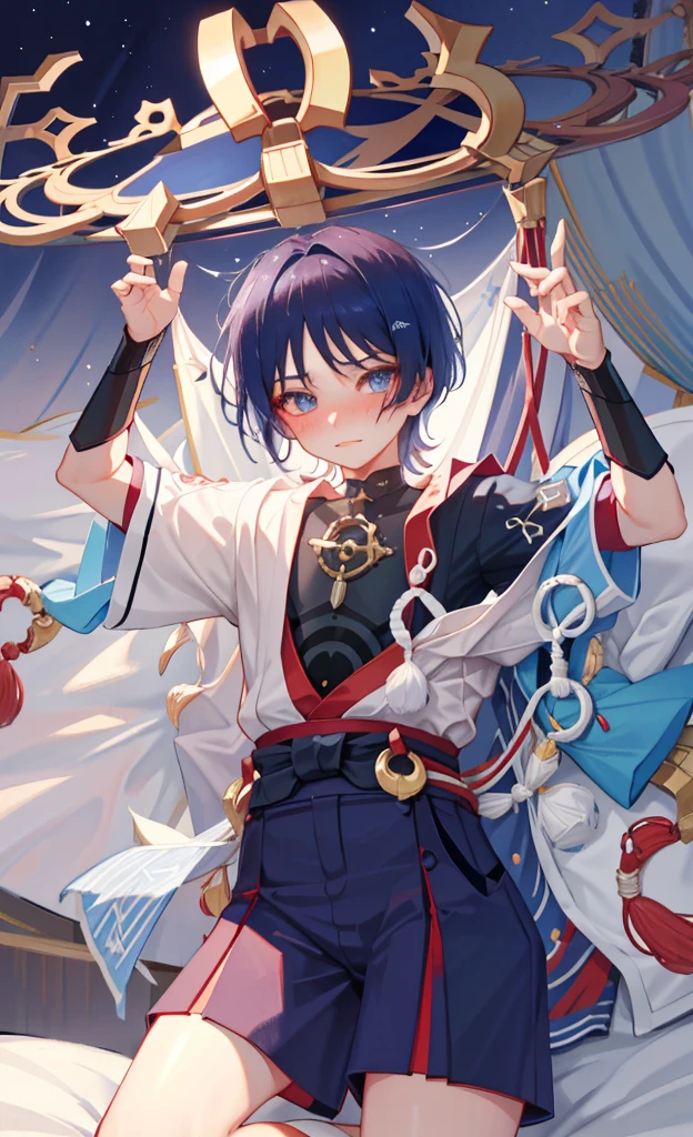 god wanderer，原god wanderer，Wearing cute and sexy pajamas，Blushing and lying on the bed shyly，Lifting up the clothes with his hands to reveal his flesh，in bedroom，The bed is white，Close the curtains at night，