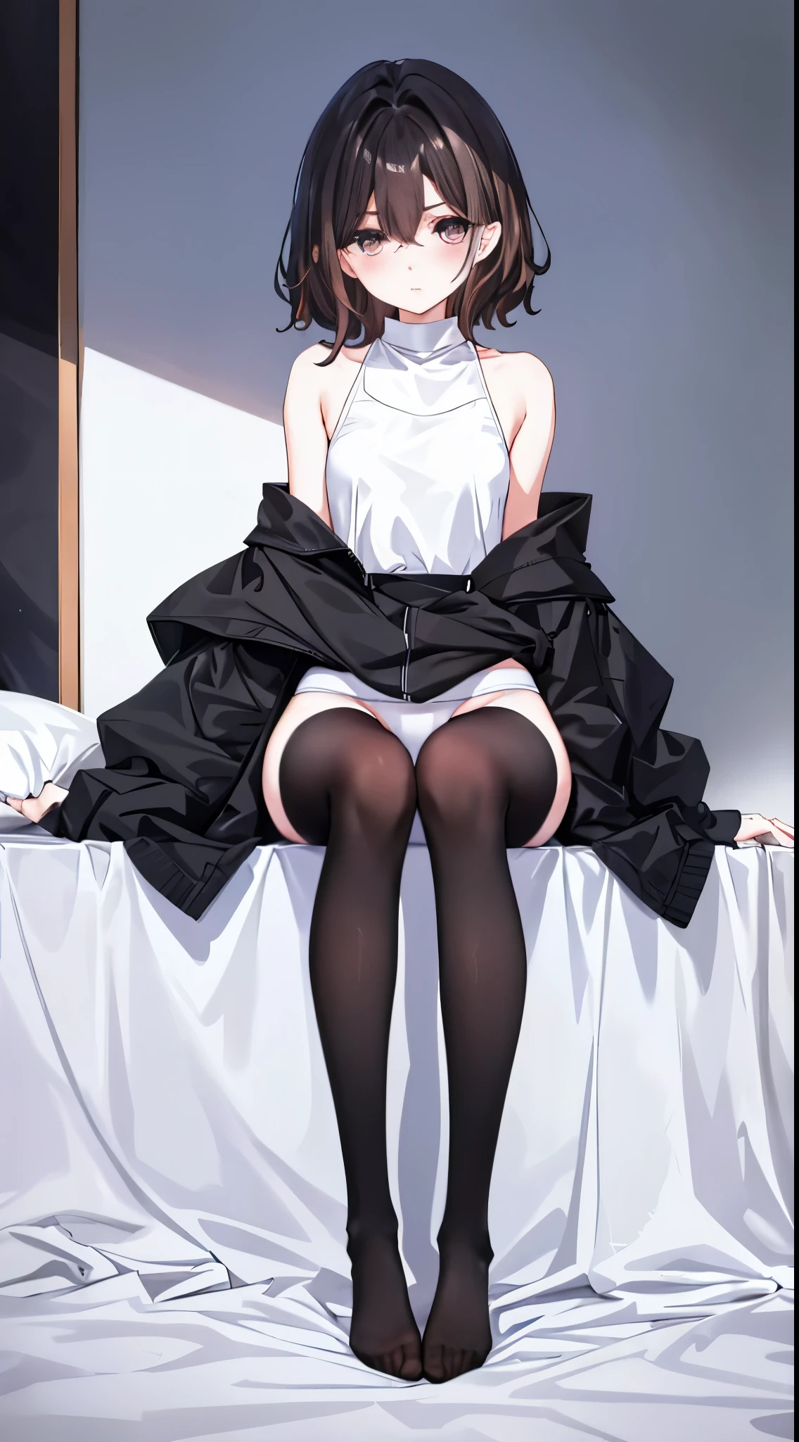 finest, masterpiece, High resolution, (Full body view from head to toe), front, frontやや下からの構図, Symmetrical, 18 year old tall girl, alone, (whole body from head to toe), (small breasts), messy hair, bangs, (black tights), (black pantyhose), (sitting with legs spread apart), (squating pose), (composition showing white panties), (Her legs are spread open and her white panties are visible.), made to sit with legs spread, (M-shaped legs), Slender legs, A very beautiful and tall 18 year old girl, (not wearing shoes), blush, shy big eyes, looking at camera
