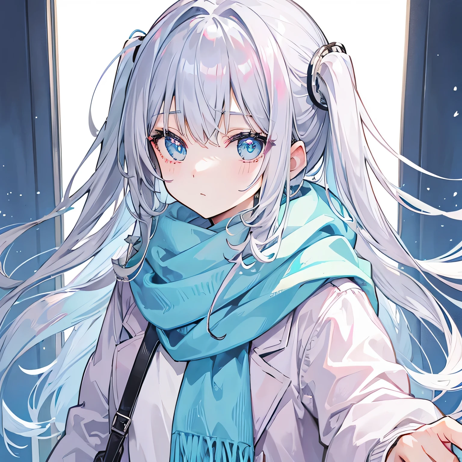 gray-pink bangs,Blue-green pupils,Please wear a silver-white jacket and blue sweater,Wearing a white scarf,one cute girl 、