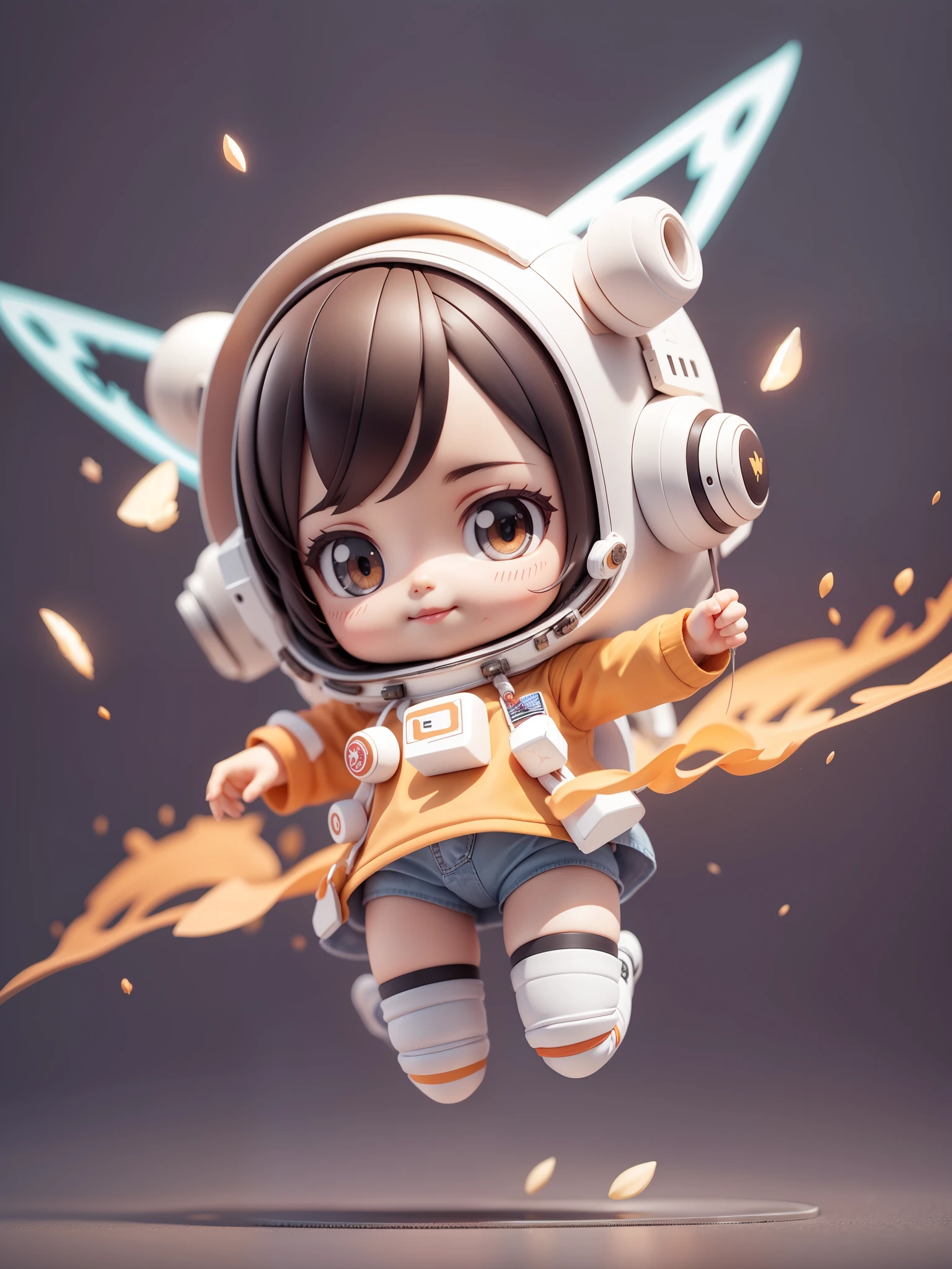 Cute girl riding a spaceship, Smile and cute gesture ,orange and white, (Lovely astronaut: 1.331), cute style, small, Big head, 3d rendering, ((Q version)), Pokemon style, Machine style, Texture, figure, Pokemon, lamp, Heavy-duty robotic arm, mechanical belly, Mechanical legs, Mechanical legs, mechanical sense, spinning, Colorful lightning, lightning, cool, clean white background, Ray tracing, Premium color, Full body 3D model, action, Fashion blind box toys. (fill body:1.2),chibi