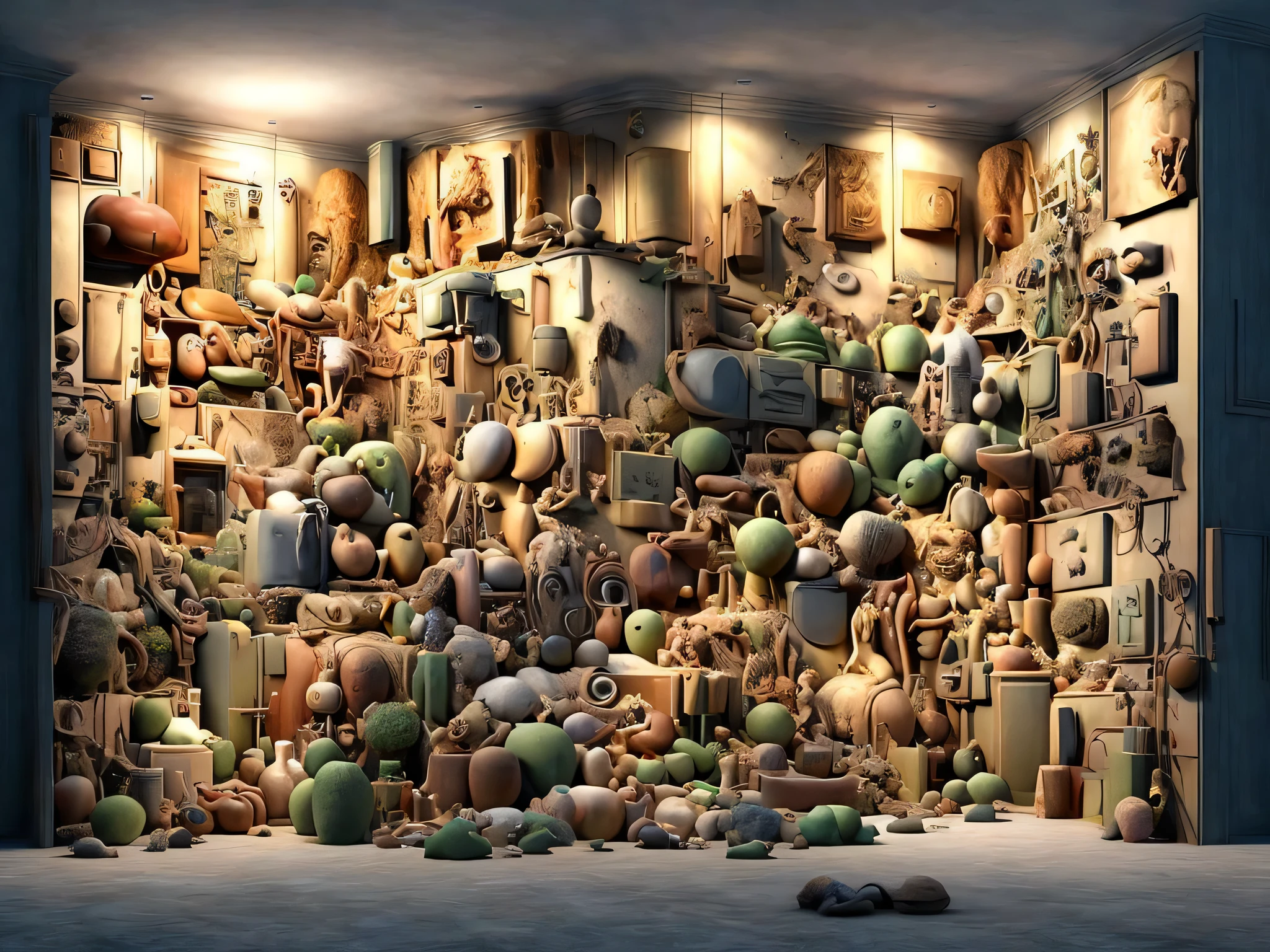 ultra-real stunning ultra-surreal and insane intricate pieces of human flesh and emerging from within them other pieces with heads full of shit, ultra-insane, bizarre and absurd devices glued to the bodies, bodies distorted and fused together, show entire bodies, sunny apartment background, super detailed, ultra-realistic, studio quality, 48k/HD, high contrast, hyper-realistic shadows, octane rendering, sharp focus