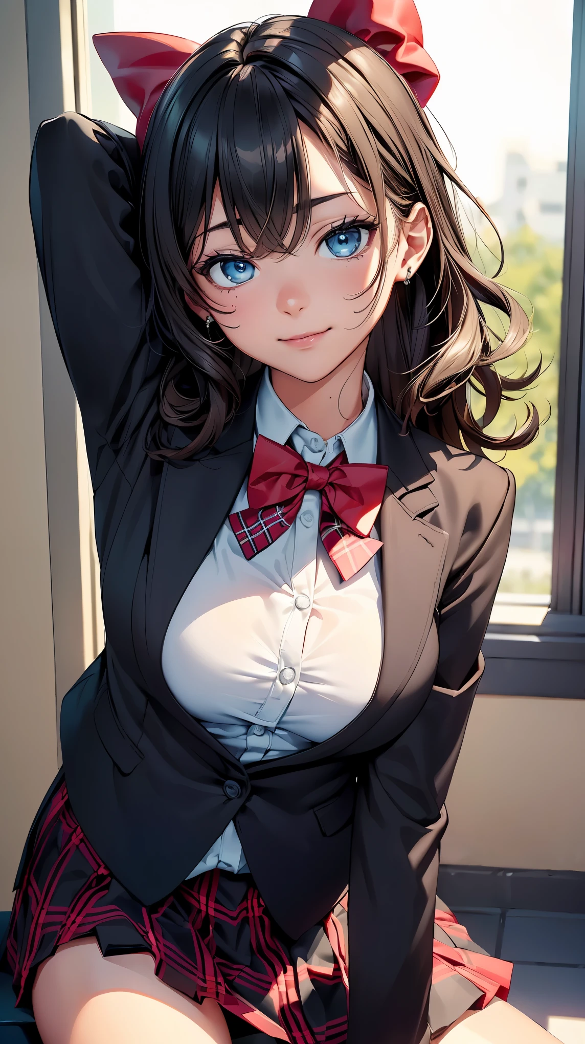 (8K, RAW photo, 最high quality, masterpiece: 1.2), High-definition RAW color photo, Professional photo shoot, cinematic light, alone, (((young woman, gal))), (Sharp features), (small face), (high detail skin: 1.2), clavicle, cute face, beautiful appearance, Clean eyelashes, (rainbow hair, blue eyes), (beautiful breasts:1.5), (More about camel toes), spread your legs, I lean back with pleasure, Pussy feels good, ((Stretch your arms out, out of frame)), (slim body shape:1.4), very detailed顔と肌の質感, fine eyes, look sideways, ((wavy hair)), thin body, ((open your mouth and smile:1.2, upper grade)), big breasts, normal hip joint, cowboy shot, dynamic angle, (((red bow tie, high school uniform:1.2, black jacket, open jacket, jacket cuff buttons, white shirt, plaid skirt, Seductive thighs))), at school, smooth texture, staring eyes, beautiful skin, shiny skin, perfect fingers, five fingers, anatomically correct, background bokeh, high quality, surreal, bright colors, ((very detailed, photo shoot)),