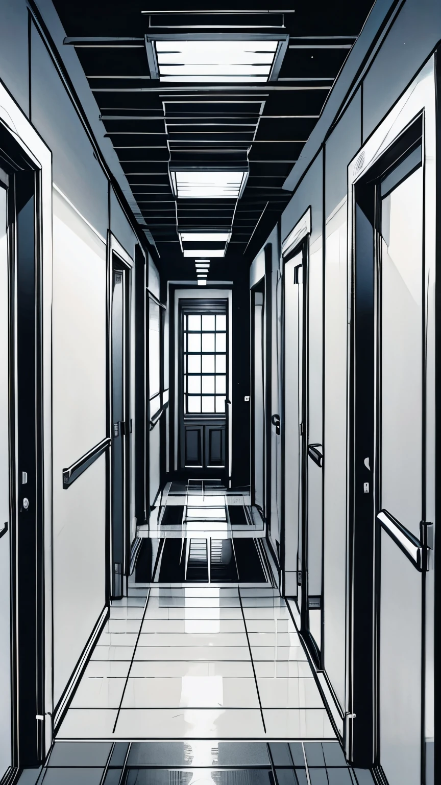 Hallway with closet, with hanging hospital gowns.