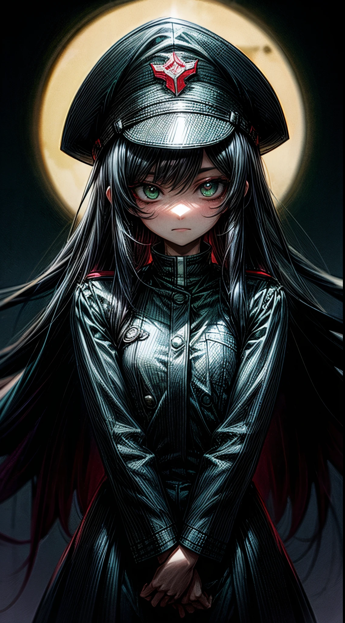 Long black haired anime girl with green eyes, flat chest, four arms, wearing black ss officer uniform and hat. No smile, horror face, dark background and Low lighting