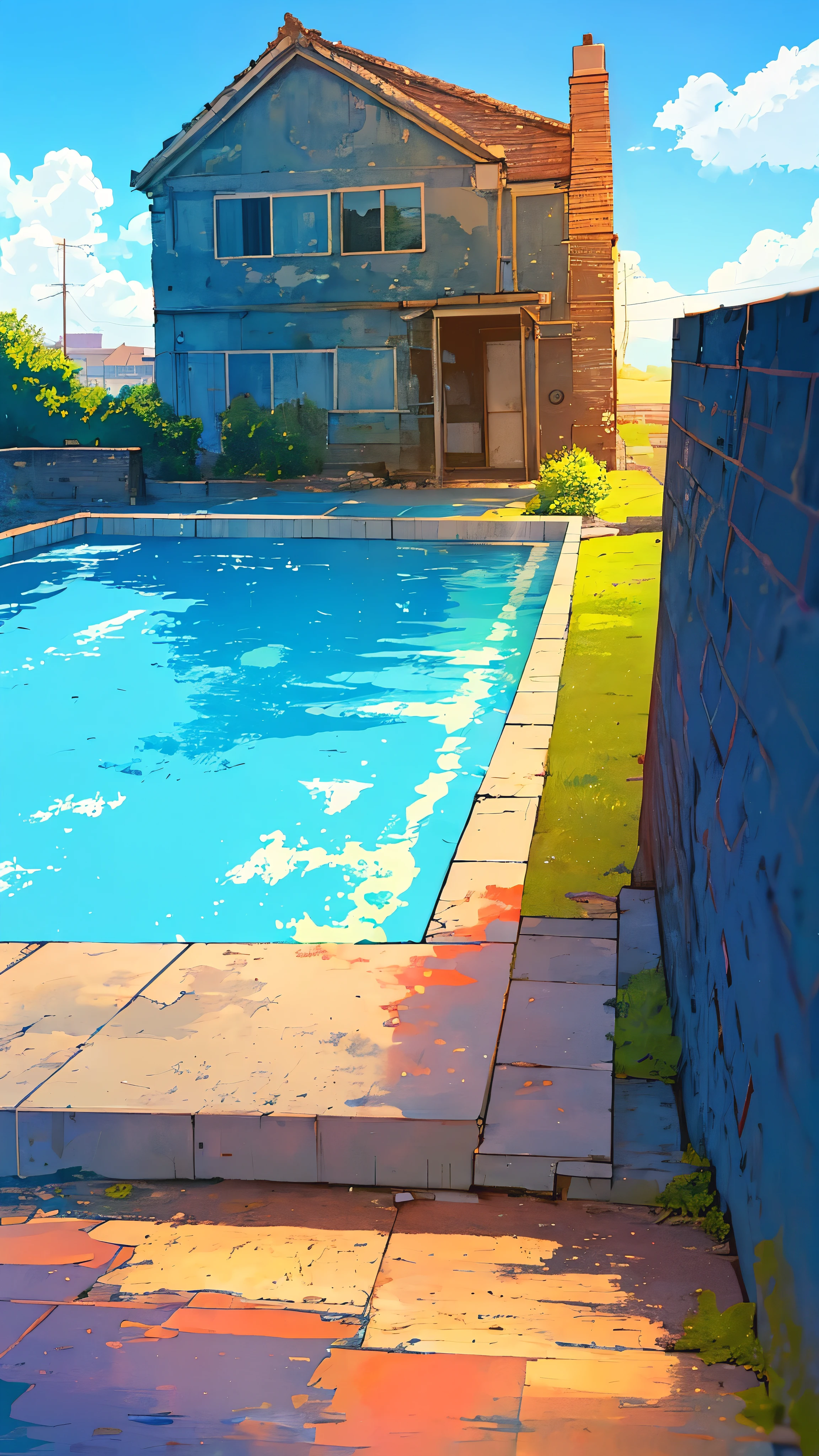 A swimming pool in front of a dilapidated bothy, vibrant colors, highly detailed, masterpiece quality, cloudy sky, anime style, aesthetic, lofi,