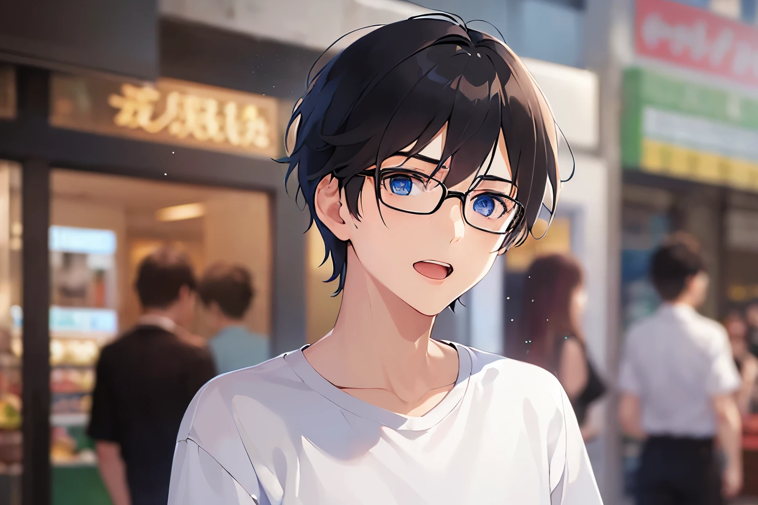 outstretched arms, plastic frame eyewear, masterpiece、high quality、(25 year old man with short black hair and blue eyes:1.5), hair over eyes, wearing a white T-shirt、(Alone:1.5)、(confused:1.5)、open mouth, (close up of your face:1.3)、(Only the upper body is shown.:1.3)、The background is a shopping street、bold composition、