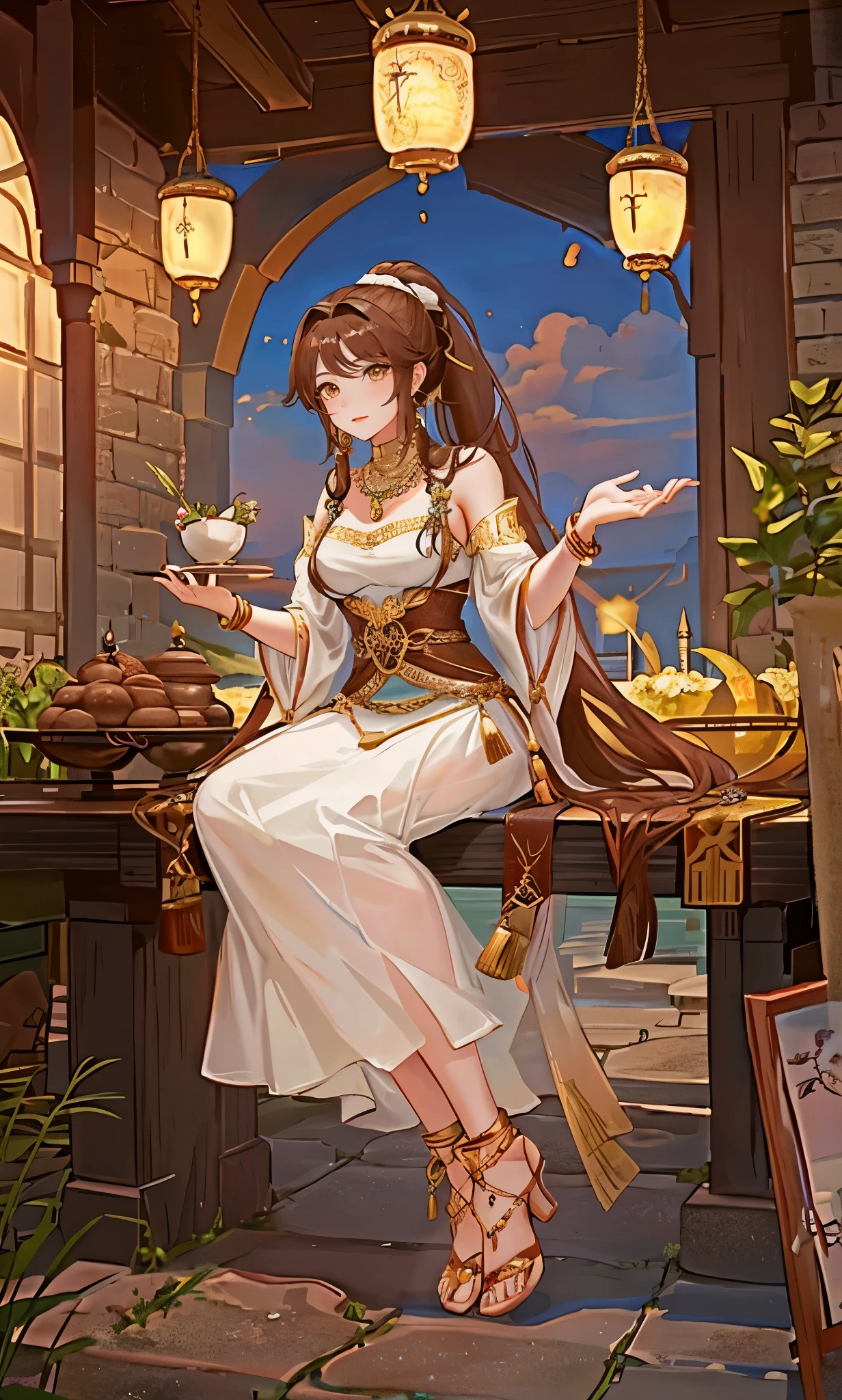 extremely normal body,Chocolate brown high ponytail long hair,Standing close-up,dream world,Babylon Queen,Chocolate high ponytail,Messy hair,golden eyes,civilization,hanging garden背景,civilization,hanging garden,A wide range of jewelry,(贵重的Middle Eastern style长裙,Middle Eastern style),necklace,Her skin is very white, fair complexion,(White long dress,Exotic),barefoot,Gemstone anklets
