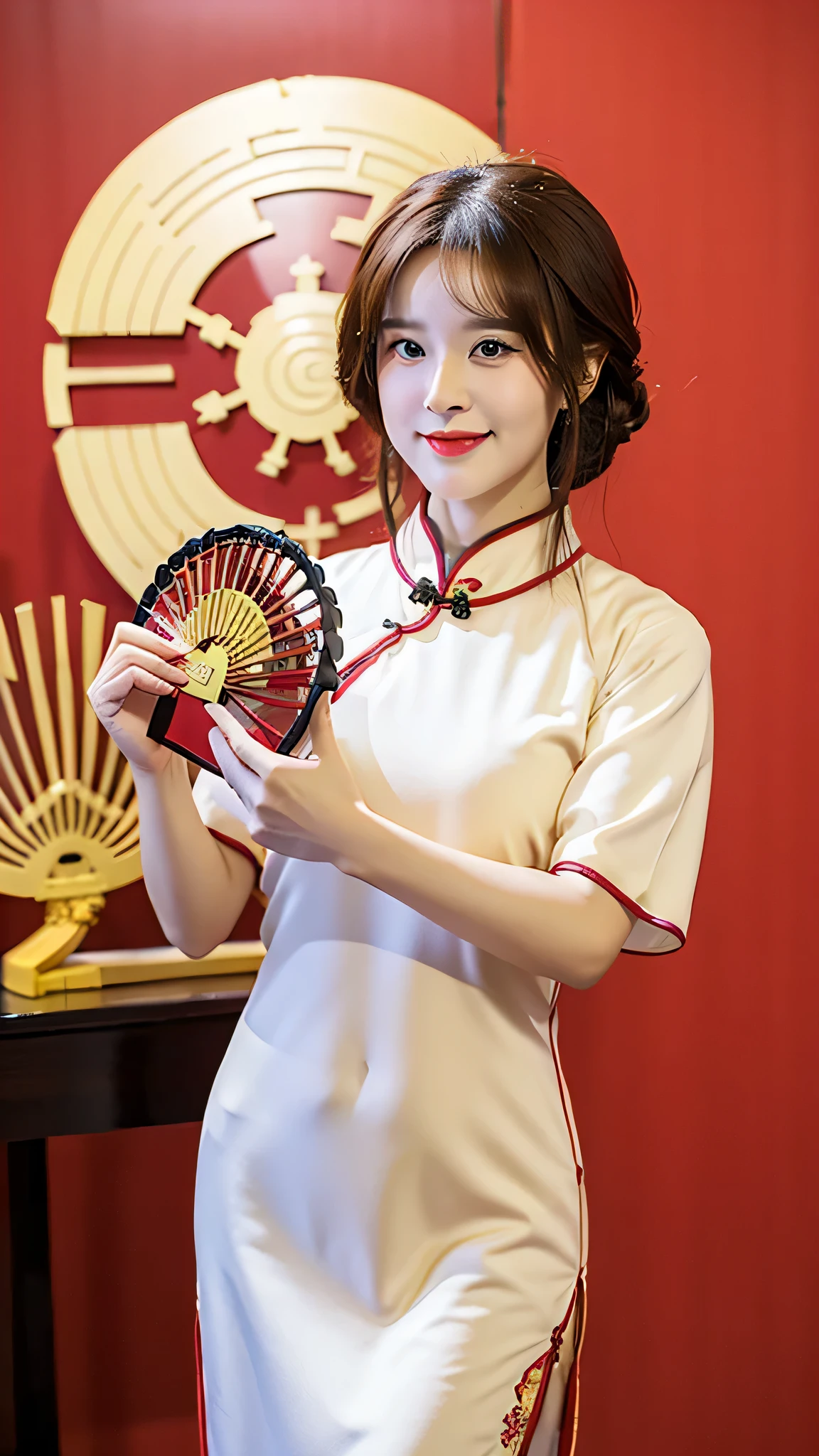 best quality,masterpiece,ultra high resolution,(lifelike:1.4),1 girl, Chinese, Black cheongsam, dark brown hair, Without smiling, Relax, comfortable, Chinese background, Little mouth, permanent, Holding a folding fan