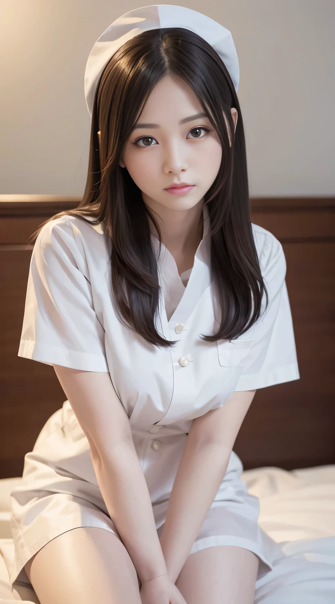 (cute nurse at the hospital)、(20-year-old)(Are standing:1.4),(look at the camera)、(alone)、(surreal), (figure), (High resolution), (8K), (very detailed), (best figure), (beautiful and fine eyes), (highest quality), (Super detailed), (masterpiece), (wallpaper), (detailed face),(((one girl)))、(((looking at the viewer:1.2)))、innocent smile、cute smile、a little chubby face、(gentle smile:1.3)、surrealな、(Big eyes)、(double eyelid)、(((Thin nurse uniform that fits the body perfectly))),((highest quality、8K、masterpiece:1.3))、whole body、from below:1.2、Panty shot:1.5、(ultra High resolution:1.2)、big breasts、(white skin:1.2),(bright lighting)、(((Panty shot)))、White stockings and garter belt、Mr.々なcolorのパンティー、(Korean、Japanese、Chinese:0.3)、color々pose