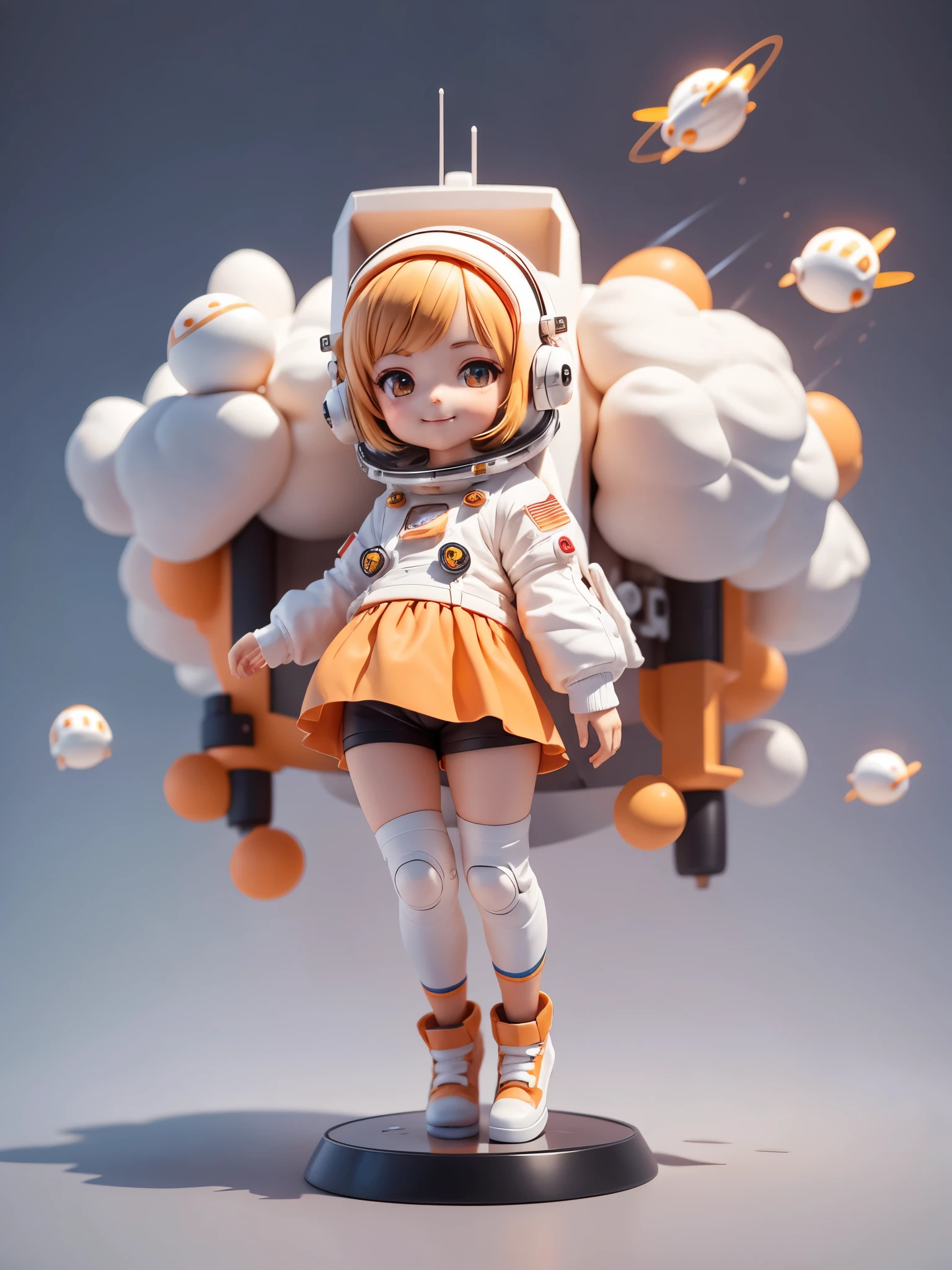 Cute girl riding a spaceship, Smile and cute gesture ,orange and white, (Lovely astronaut: 1.331), cute style, small, Big head, 3d rendering, ((Q version)), Pokemon style, Machine style, Texture, figure, Pokemon, lamp, Heavy-duty robotic arm, mechanical belly, Mechanical legs, Mechanical legs, mechanical sense, spinning, Colorful lightning, lightning, cool, clean white background, Ray tracing, Premium color, Full body 3D model, action, Fashion blind box toys. (fill body:1.2),chibi