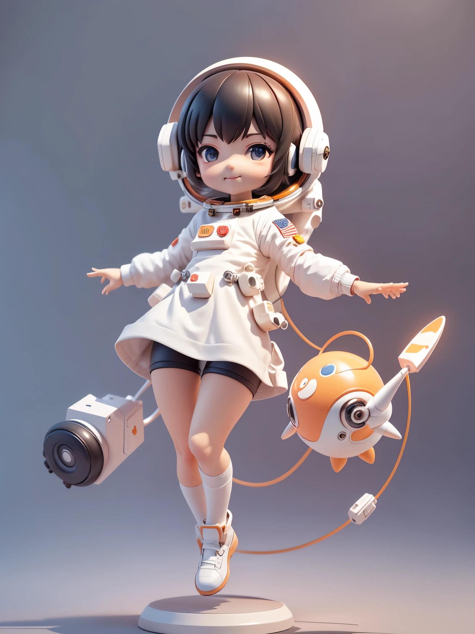 Cute girl riding a spaceship, Smile and cute gesture ,orange and white, (Lovely astronaut: 1.331), cute style, small, Big head, 3d rendering, ((Q version)), Pokemon style, Machine style, Texture, figure, Pokemon, lamp, Heavy-duty robotic arm, mechanical belly, Mechanical legs, Mechanical legs, mechanical sense, spinning, Colorful lightning, lightning, cool, clean white background, Ray tracing, Premium color, Full body 3D model, action, Fashion blind box toys. (fill body:1.2)，chibi