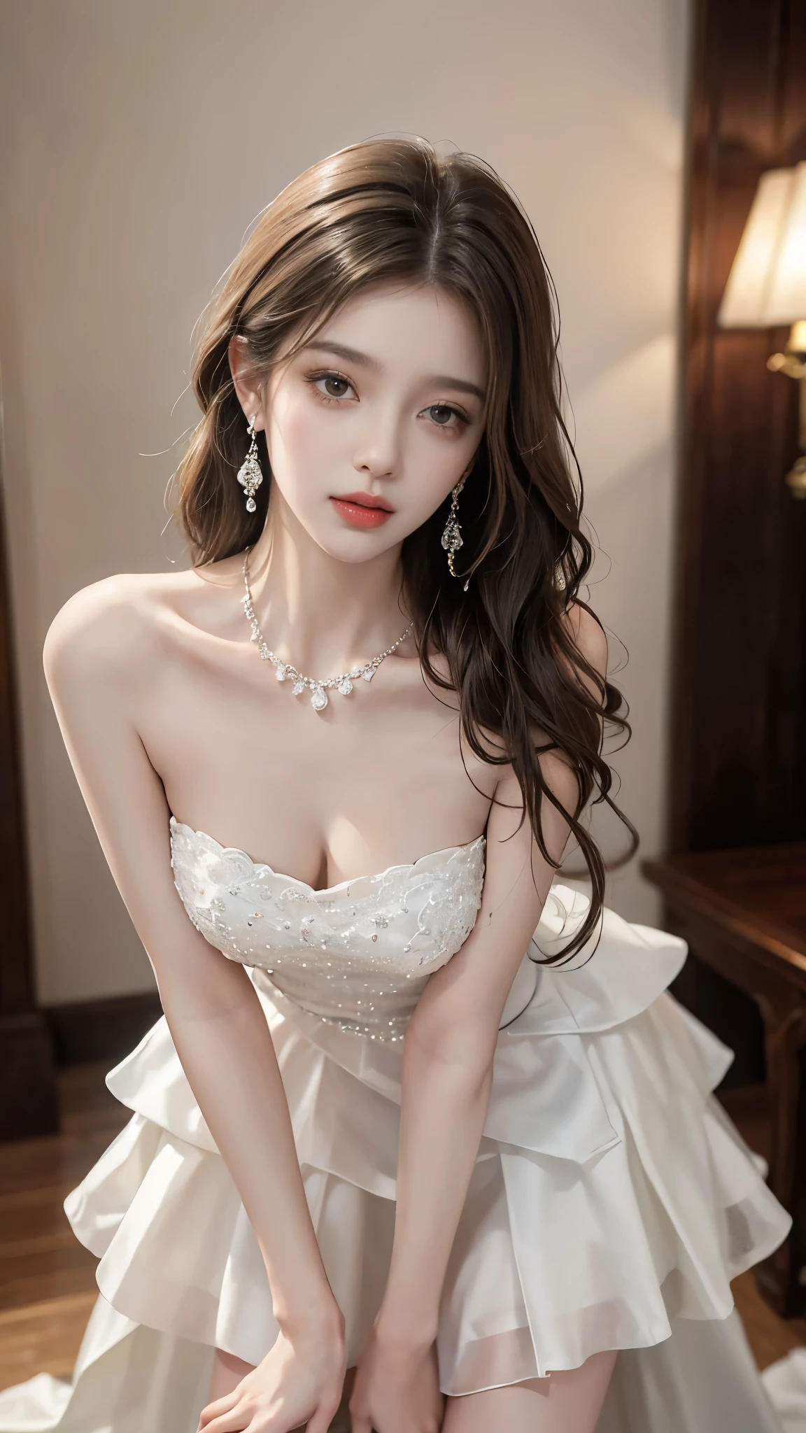 Sweet girl clothes4,strapless dress,jewelry, ((full body)), ((from below)), yushuxin,1girl,solo, ((Stand up, against the ledge)), ((leaning forward)), ((Clear features, clear faces, clear faces)), red lips, makeup, close-up shot, elegant posture, enticing pose, perfect curves, slim, sexy, big breasts, cleavage, beautiful legs, mesmerizing gaze, biting lips, messy long hair, simple casual scene, extremely detailed, ultra-clear, best quality, official art, exquisite earrings, delicate necklace, extremely detailed description, super fine painting, exquisite features, Elegant, beautiful, hyperfine details, master works, authentic texture, cinematic lighting realism, Masterpiece, best quality