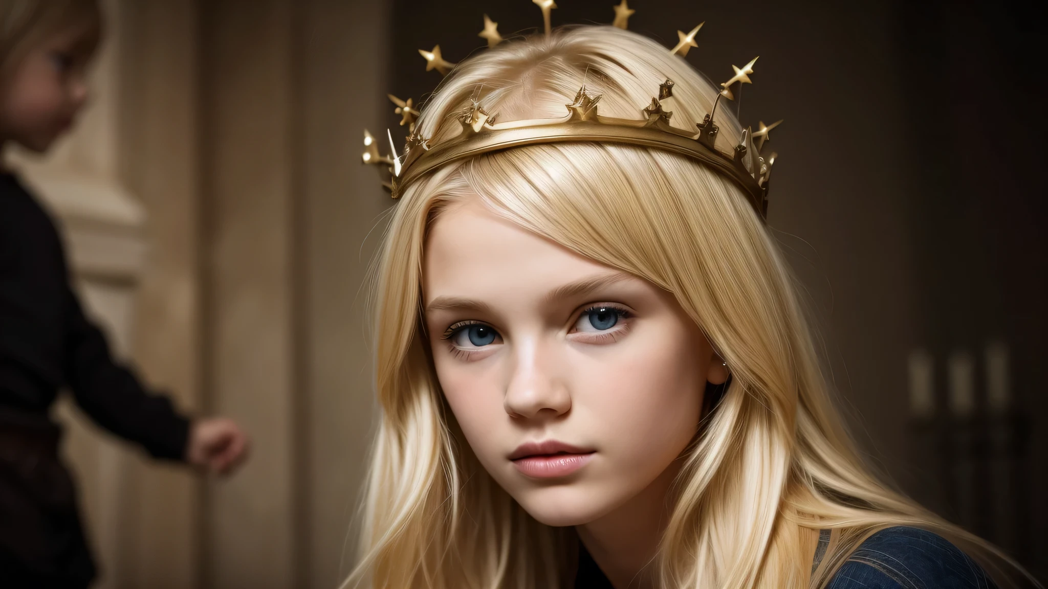 14-YEAR-OLD GIRL WITH LONG BLONDE HAIR, A closeup, CROWN.