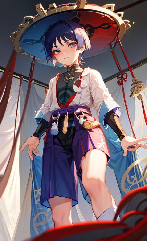 god wanderer，原god wanderer，Wearing cute and sexy pajamas，Blushing and lying on the bed shyly，Lifting up the clothes with his hands to reveal his flesh，in bedroom，The bed is white，Close the curtains at night，