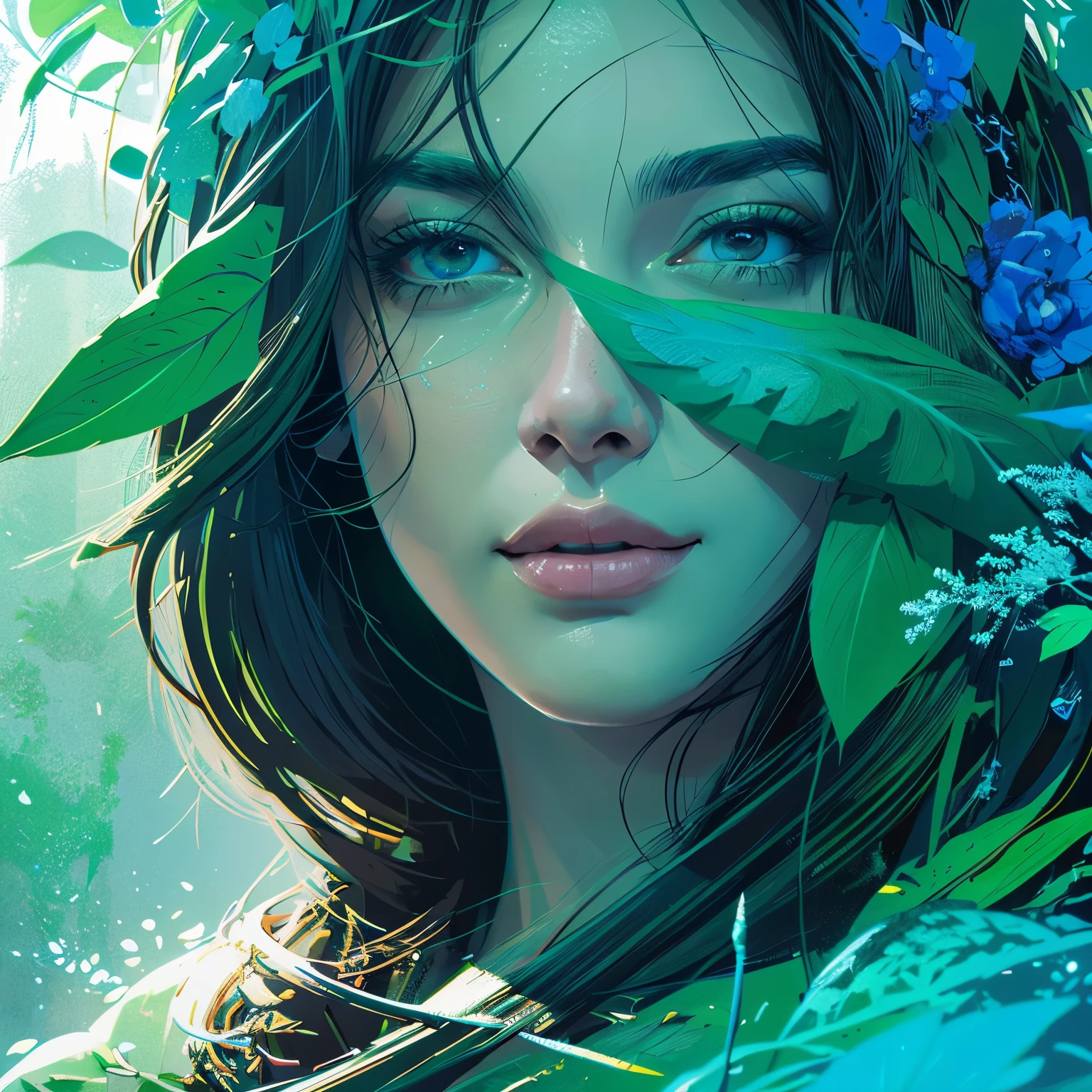 happy girl, centered, looking at the camera, approaching perfection, dynamic, (shades of blue and ((forest green 1.5)))), highly detailed, digital painting, art station, concept art, smooth, sharp focus, illustration, art by Carne Griffiths and Wadim Kashin, detailed face, 4k