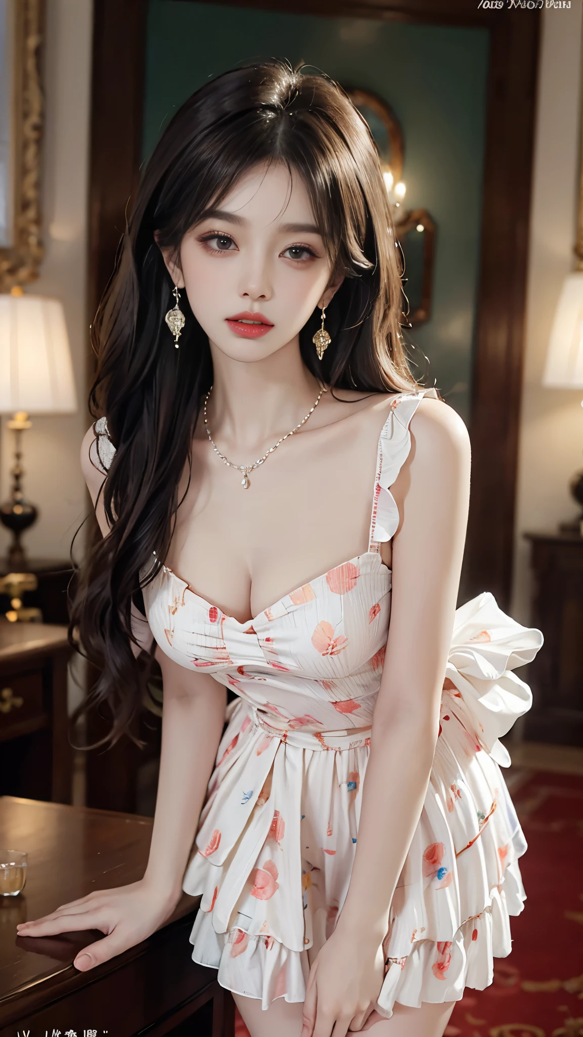 (eyelashes:0.6),light pink wedding dress,white mini skirt,(sweat:0.7),woman,japanese,cute face, beautiful face,bare shoulders,shoulders all exposed,translucent skin,black eyes,black hair,(photorealistic:1.4),realistic details, high resolution,bokeh,outstanding details