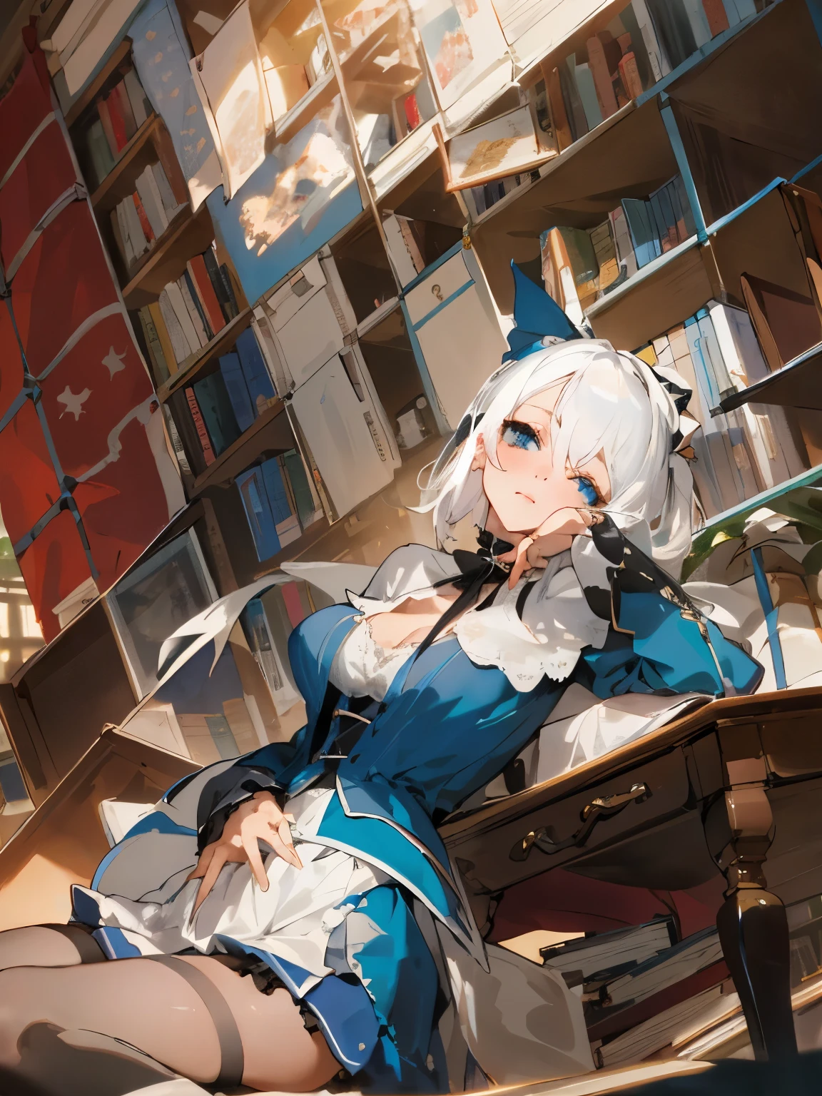 masterpiece，Girl with white hair，sit on the side of the table，The background is a bookshelf，Lolita skirt，black stockings，cleavage，Exposed laundry，Hair covers the left eye，blue eyes，Showing delicate hands on the lower abdomen，Sorcerer