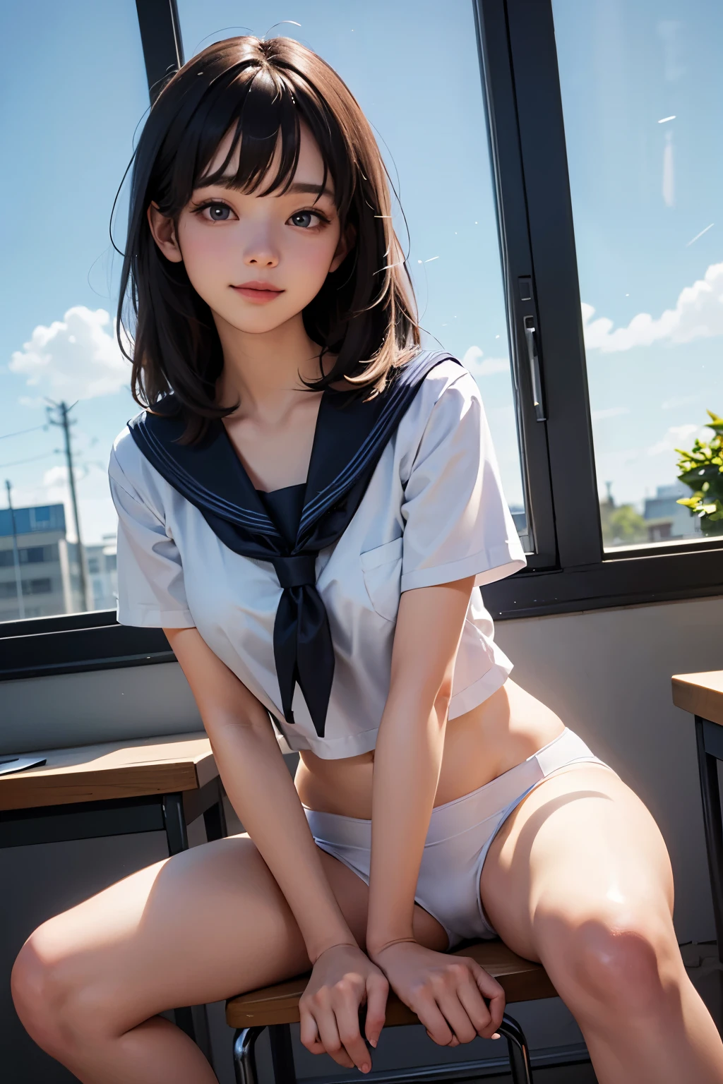 very cute and beautiful girl,(highly detailed beautiful face and eyes:1.2), (smile:1.2),serafuku,pleated navy blue mini skirt, sitting,spread legs,(white panties),dynamic angle,looking at viewer,black hair, wooden classroom,window,distant trees and town, (best quality,masterpiece:1.2),absurdres,highres,ultra-detailed,extremely detailed,32k,8k resolution, intricate details,cinematic scene,detailed background,solo,dynamic angle, hair fluttering in the wind,beautiful detailed sky,perfect hands,