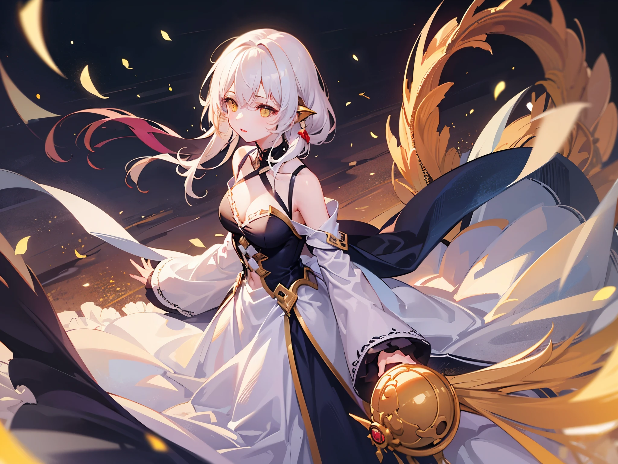 Very delicate and beautiful CG illustrations, best quality, high resolution, Dynamic angle, Full length shot, (1 girl), A beautiful half-human, half-dragon girl with yellow eyes and long, straight white hair.., float, soft light, High-key backlighting) Posing, looking back with a smile