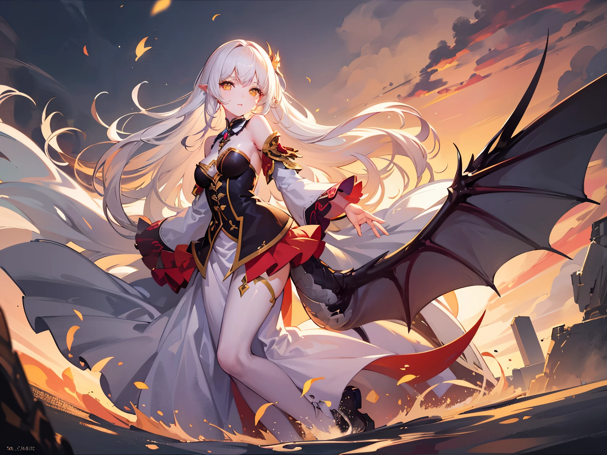 Very delicate and beautiful CG illustrations, best quality, high resolution, Dynamic angle, Full length shot, (1 girl), A beautiful half-human, half-dragon girl with yellow eyes and long, straight white hair.., float, soft light, High-key backlighting) Posing, looking back with a smile