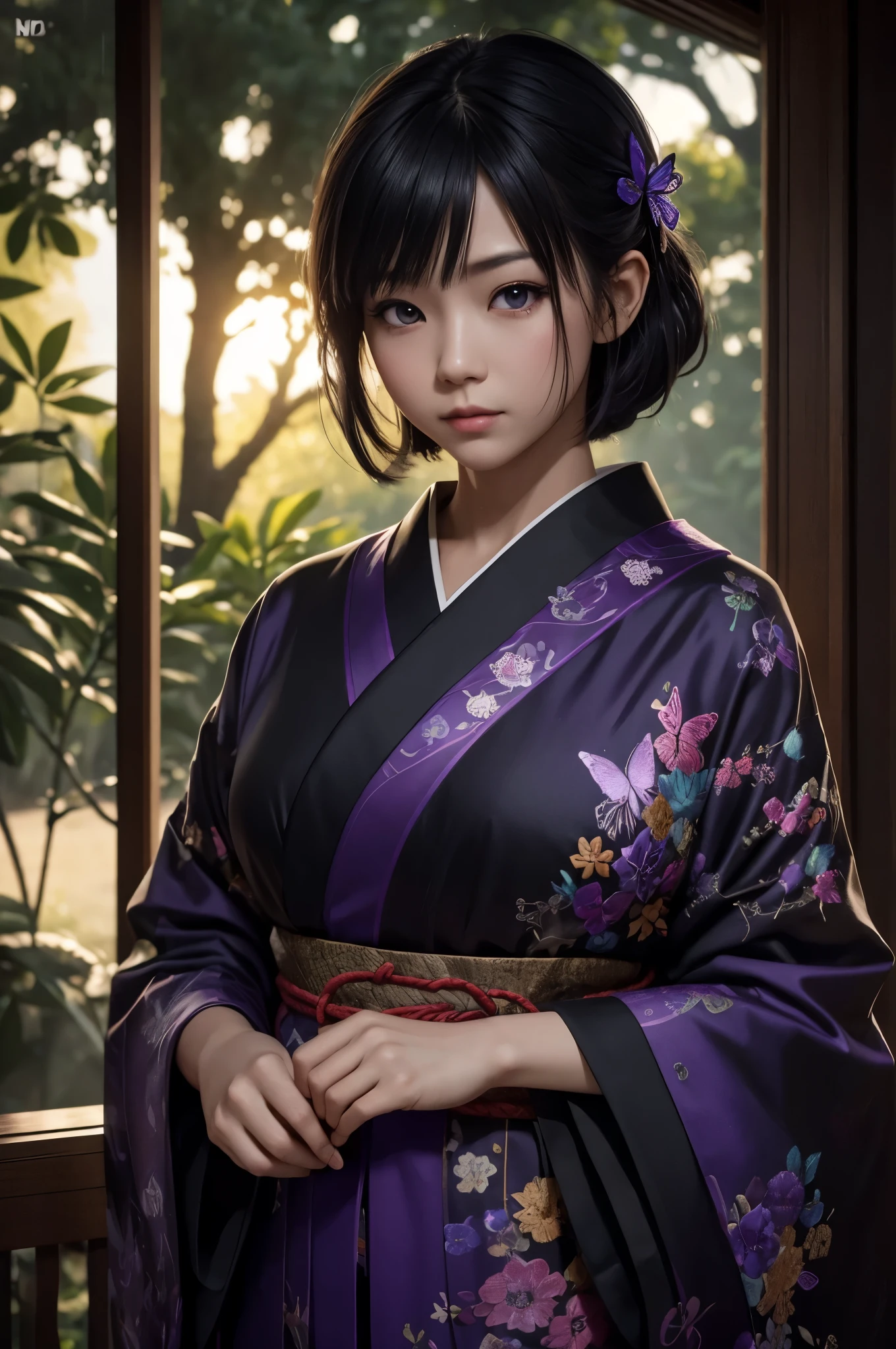 8K,Woman in Japan traditional costume,(dark shot:1.4), 80mm, (dark shot:1.4), 80mm, epic real, Big eyes,Black hair short bob hair,black and purple butterfly hair ornament,black kimono and red obi,black and purple butterfly pattern(Precise butterfly embroidery),purple eyes(purple effect),range murata, wonderful, matted, paul gauguin, art,soft cinematic light, adobe lightroom, photo lab, HDR, 複雑で非常にdetailed, (Depth of bounds written:1.4), (dark shot:1.22), Neutral Color, (HDR:1.4), (calm colors:1.4), (Complex), (artステーション:1.2), 超detailedな, dramatic, Complex細部, (technicolor:0.9), (rutkowski:0.8), cinematic, detailed, soft light, sharp, exposure blend, medium shot, Bokeh, (HDR:1.4), high contrast, (cinematic, teal and orange:0.85), (calm colors, dim color, calm colors調:1.3), low saturation, (超detailedな:1.2), (:0.4), soft light, sharp, exposure blend、medium shot、Bokeh、(HDR:1.4)、high contrast、low saturation、(hyper detail:1.2)、(:0.4)、(Complex細部:1.12)、HDR、(Complex細部、hyper detail:1.15)Photorealistic RAW photos of the highest quality。Bright colors,rich colors, Backlight, cinematic lighting, film grain, to be born, 50mm lens, Nikon D850,realistic skin,ファンタジーart,キャラクターart,ultra high resolution,realistic skin,sunset,Lots of poses,muscular slim body,verandah of a large mansion,in the forest,超realistic skin,full moon,late night,