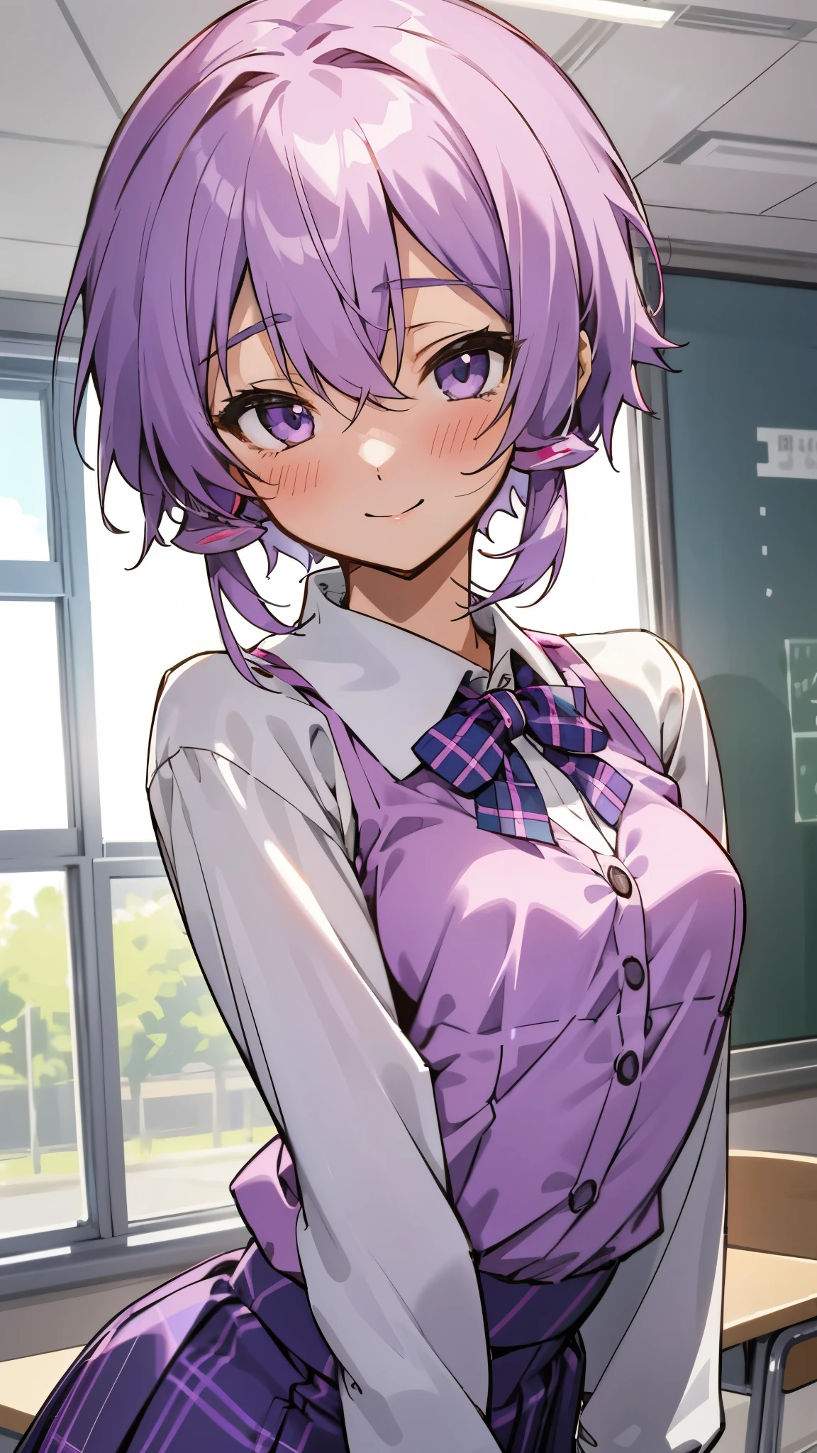 Genki girl、solo、Yuzuki Yukari、18-year-old、small breasts、Slender body type、smile、blush、Light purple hair、short hair、(hair between eyes)、（White blouse shirt:1.2、Tartan checked skirt）、upper body close-up、After-school classroom