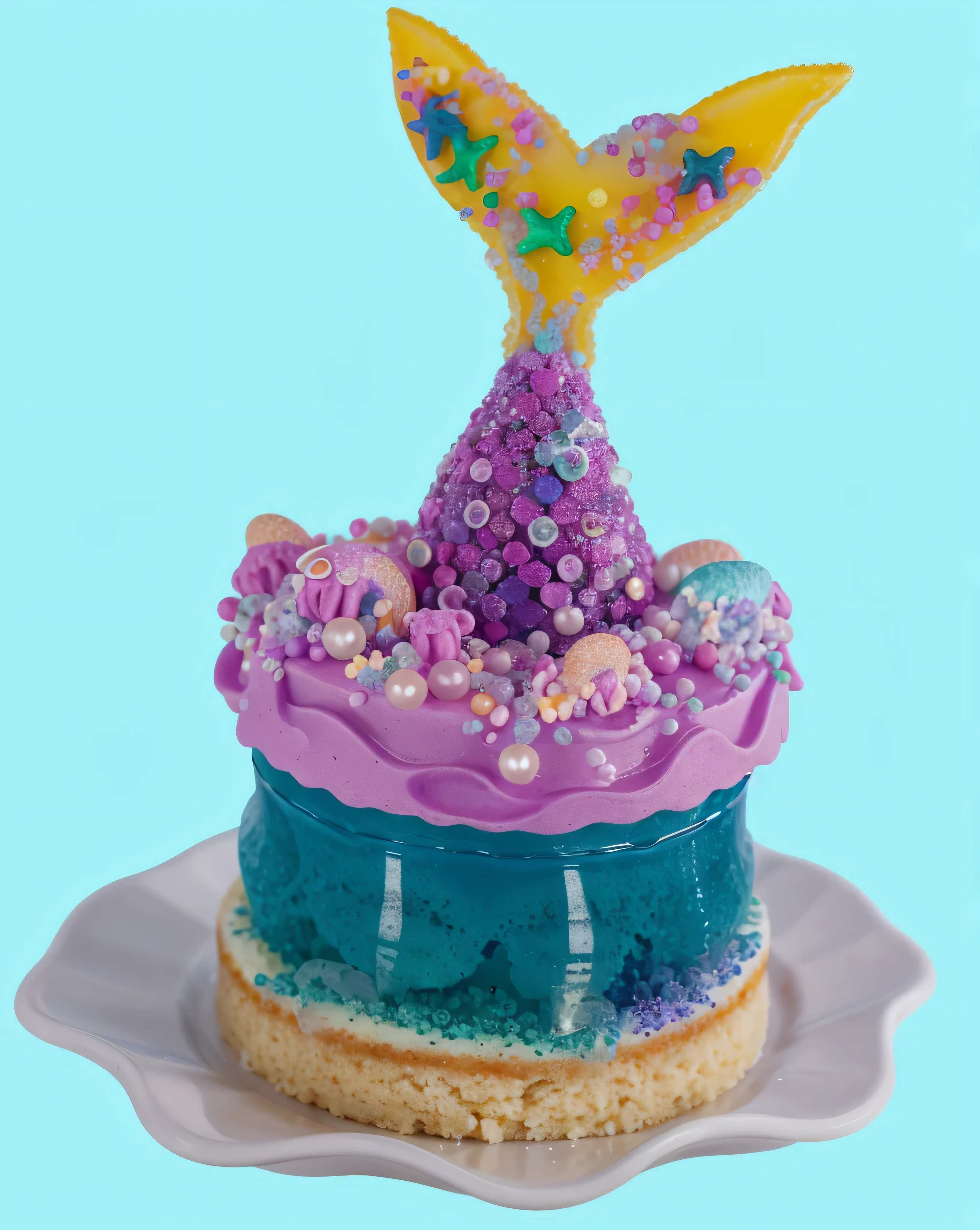 in a miniature kitchen, on a wooden table, worth a jelly cake, blue translucent jelly cake base, starfish swims inside the jelly, The jelly base of the cake symbolizes the seabed., top with purple cream, sprinkled with edible sprinkles and beads, mermaid tail sticking out of cake, cake symbolizes water, into which the mermaid jumped, themed cake, detailed texture of jelly and cream, realistic style, realistic textures, Detailed textures, ultra quality, super sharp photography, Food Photography, macro photography,