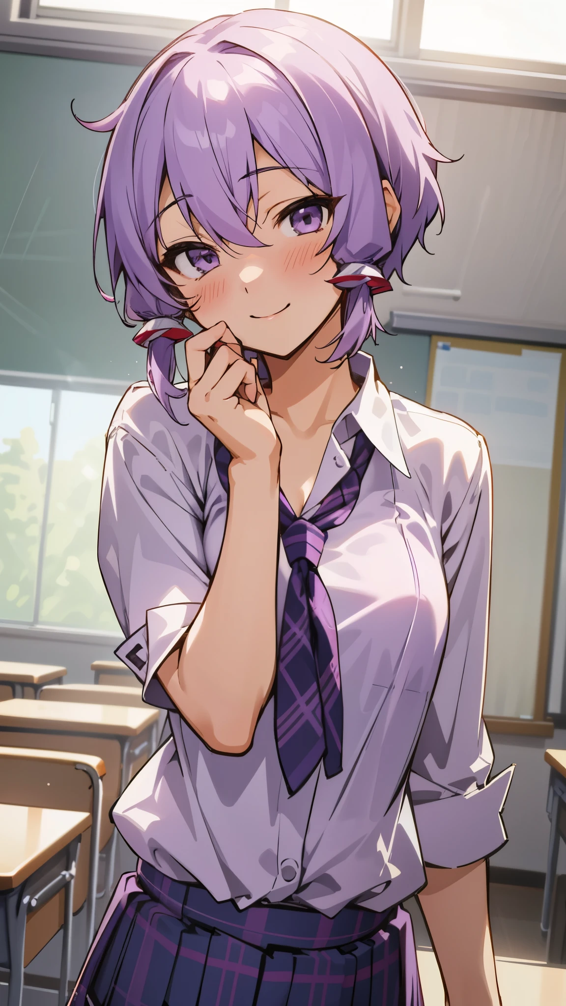 Genki girl、solo、Yuzuki Yukari、18-year-old、small breasts、Slender body type、smile、blush、Light purple hair、short hair、(hair between eyes)、（White blouse shirt:1.2、Tartan checked skirt）、upper body close-up、After-school classroom