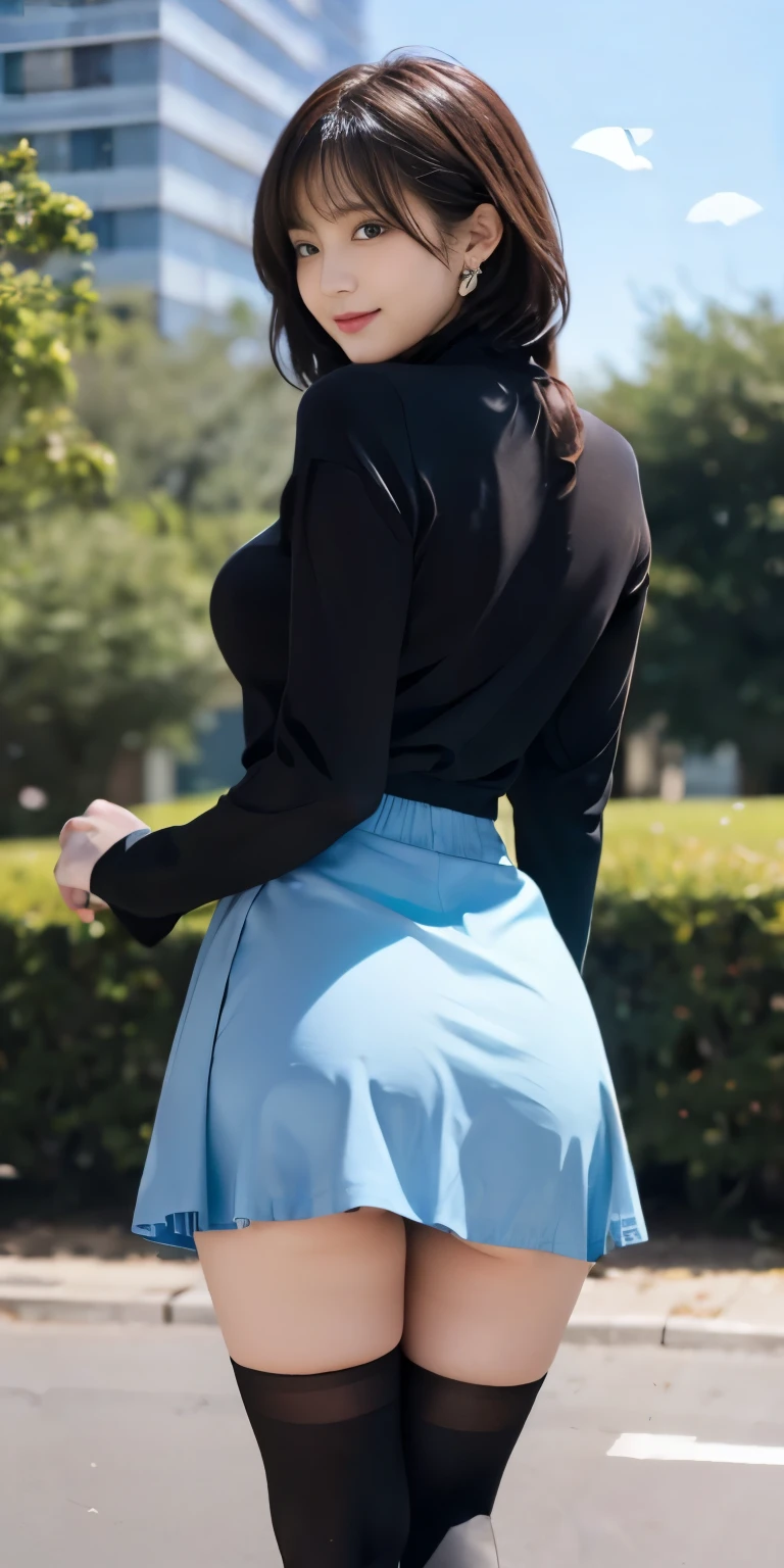 woman, 20-year-old, short black wavy hair、bangs、plump nipples、(White Turtleneck Knit)、(blue long skirt), black stockings dium milk, cute smile、((Pose that emphasizes the buttocks、looked back))、sexy hips、black high heels、big necklace、((((the wind blew my skirt, expose my panties...))))、(Light blue lace panties)、cute earrings、(Please tilt your head slightly)